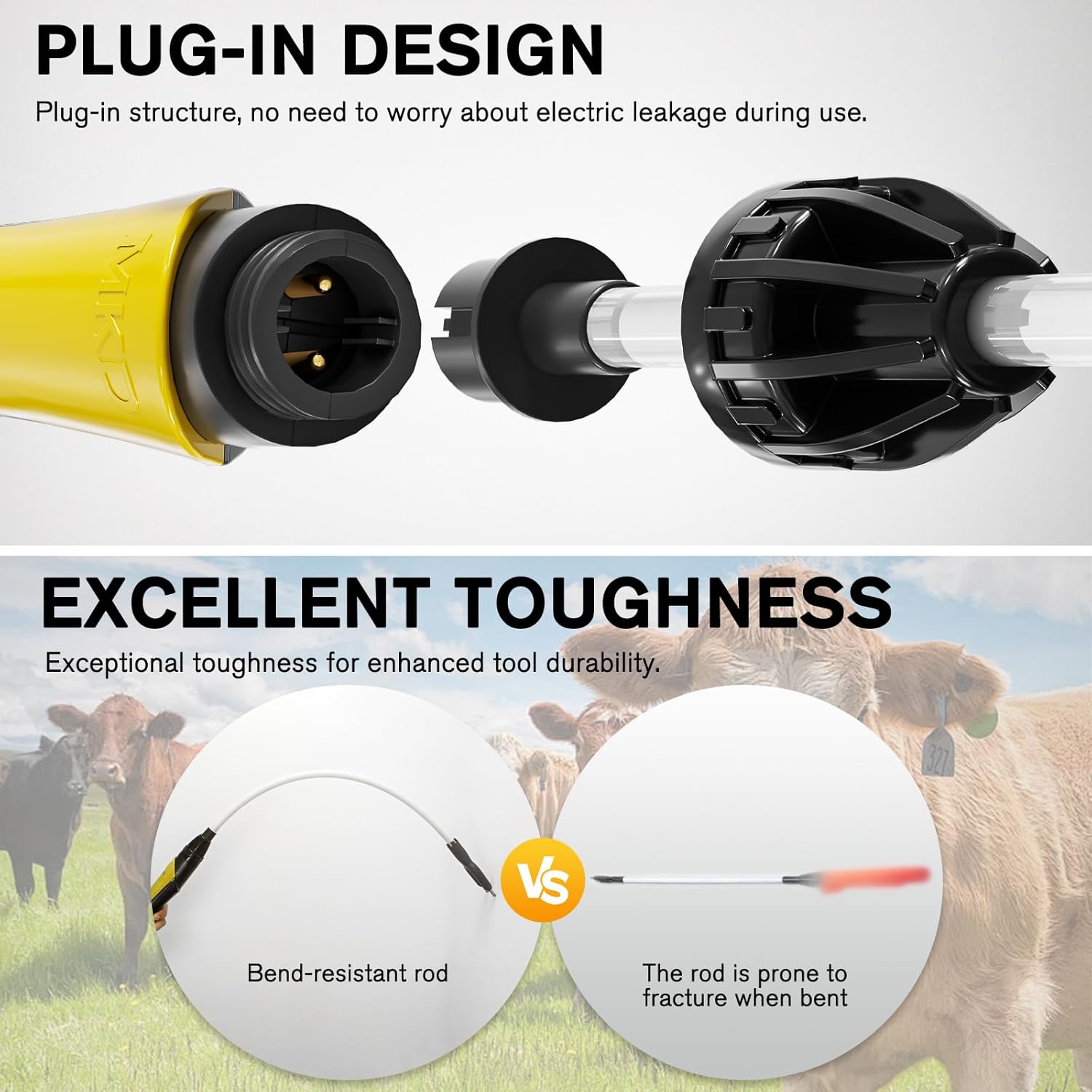 cattle prod,upgrade durable material pole,ultra-long battery life,ip45,suitable for modern animal husbandry and self defense stick,repel cattle,pigs,aggressive dogs,wild animals yellow 34.8inch