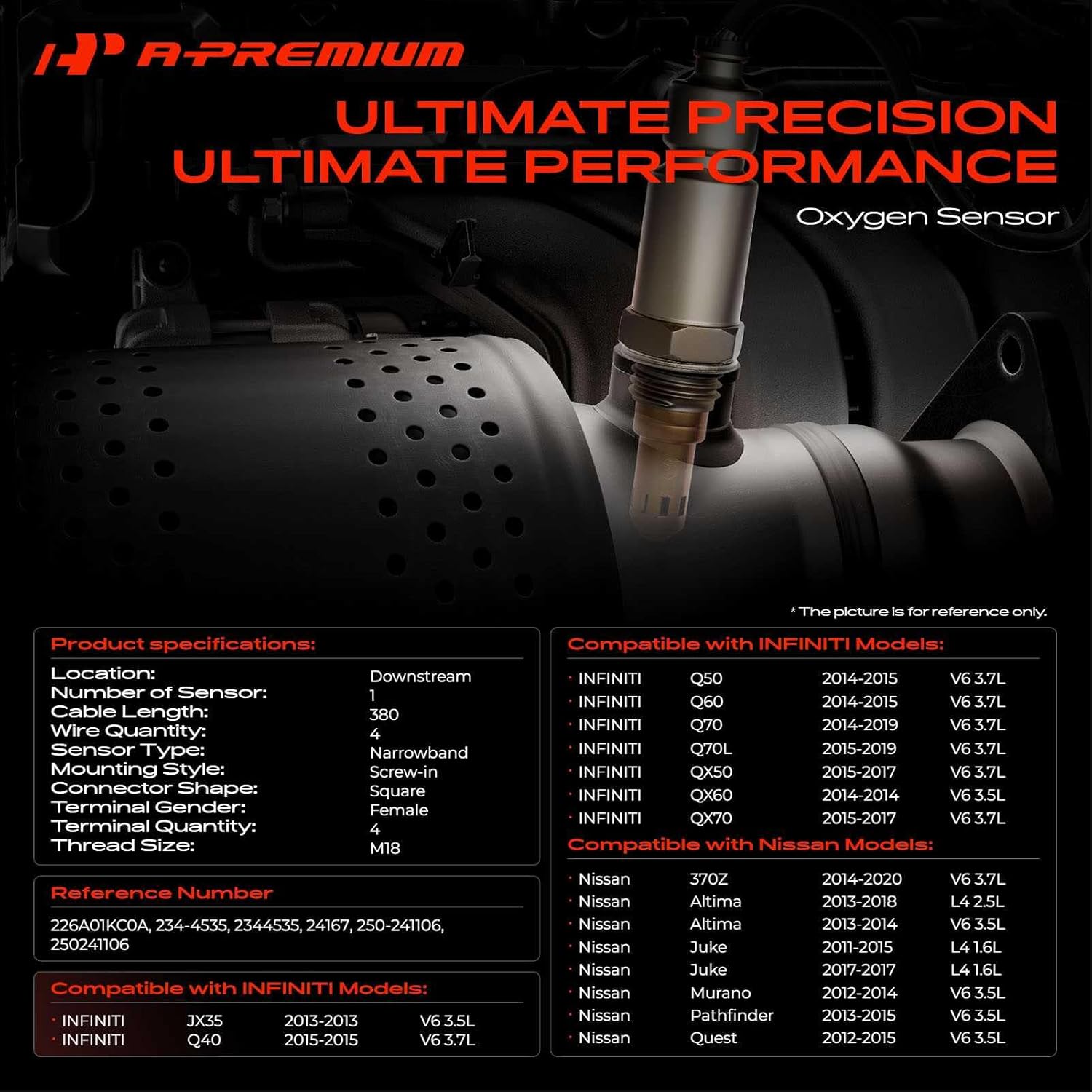 A-Premium Downstream O2 Oxygen Sensor Compatible with Nissan Pathfinder 2013-2015, Altima 2013-2018, Quest 2012-2015, 370Z, Murano & Infiniti QX60, Q50, QX50, Q60, QX70 & More, Replace# 226A01KC0A