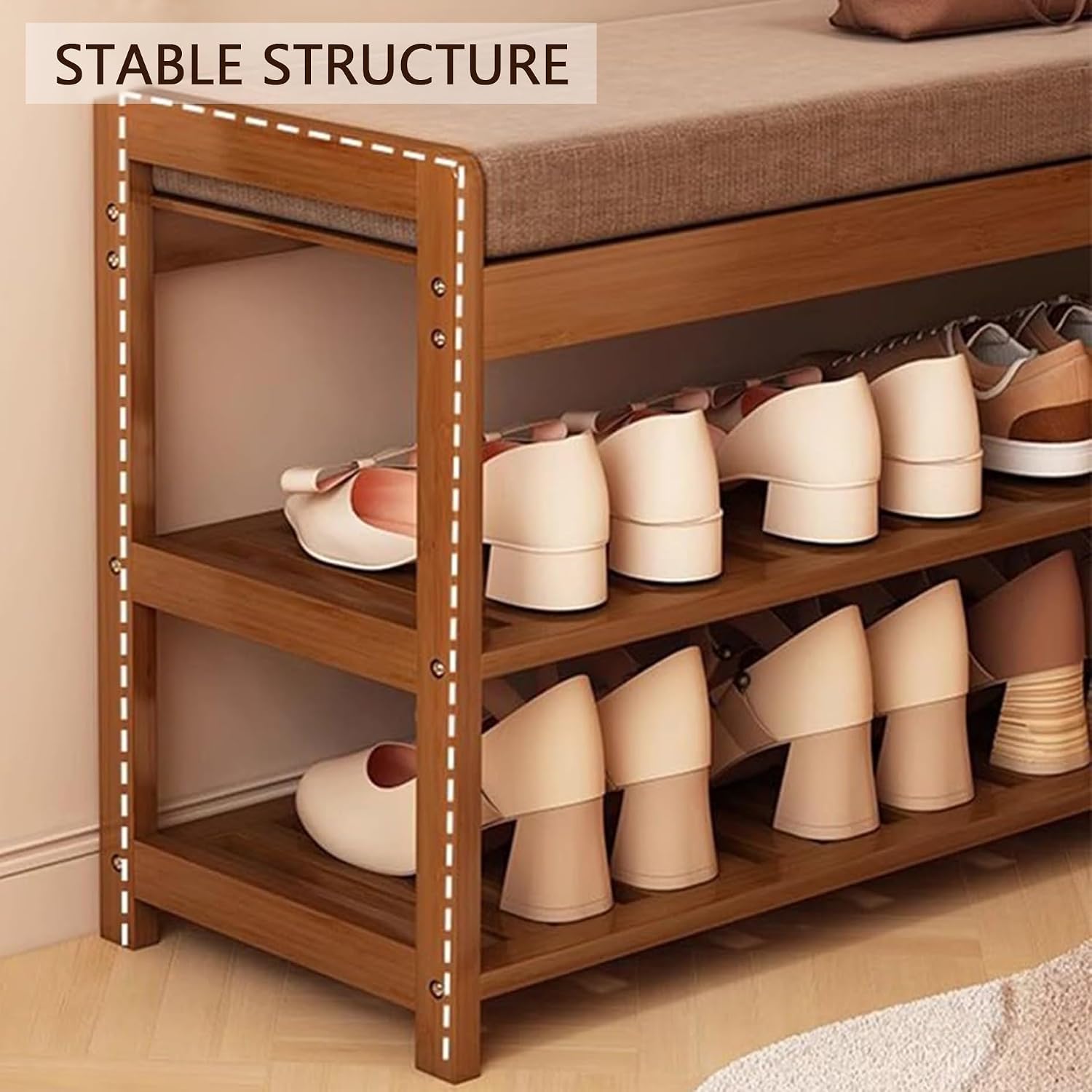 Entryway Storage Bench with Cushioned Seat Shoe Rack 3-Tier Storage Organiser with Bamboo Frame Small Foot Stool Pouffe Stool Change Shoe Ottoman Footrest for Living Room Hallway Bedroom(50cm)