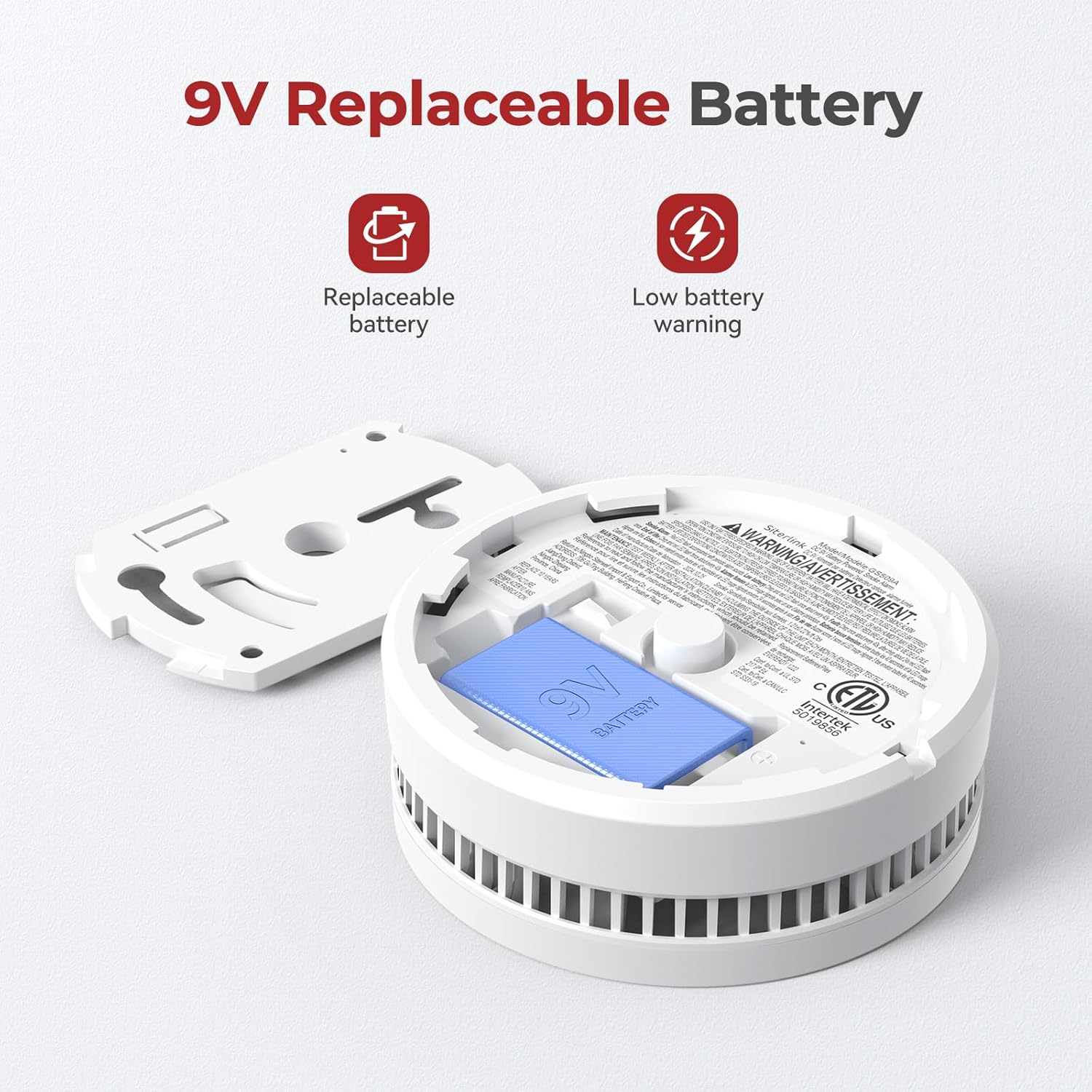 SITERWELL GS509A smoke detector with open battery compartment showing 9V replaceable battery