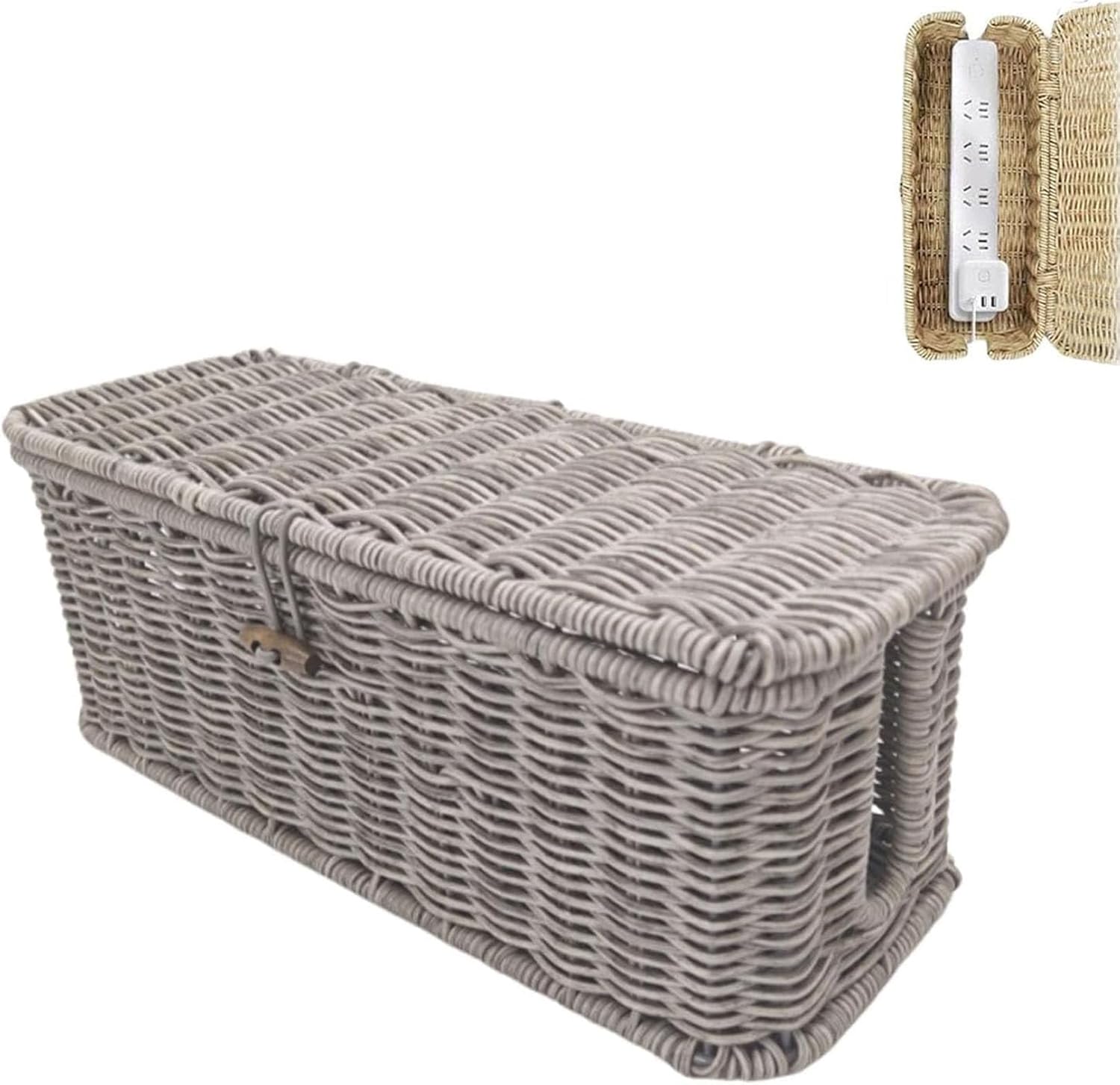 Handwoven Rattan Cable Management Box, Decorative Cord Organizer with Safety Lock, Basket to Hide Cords, 2 Side Open for Power Strips & Chargers (Brown, M)