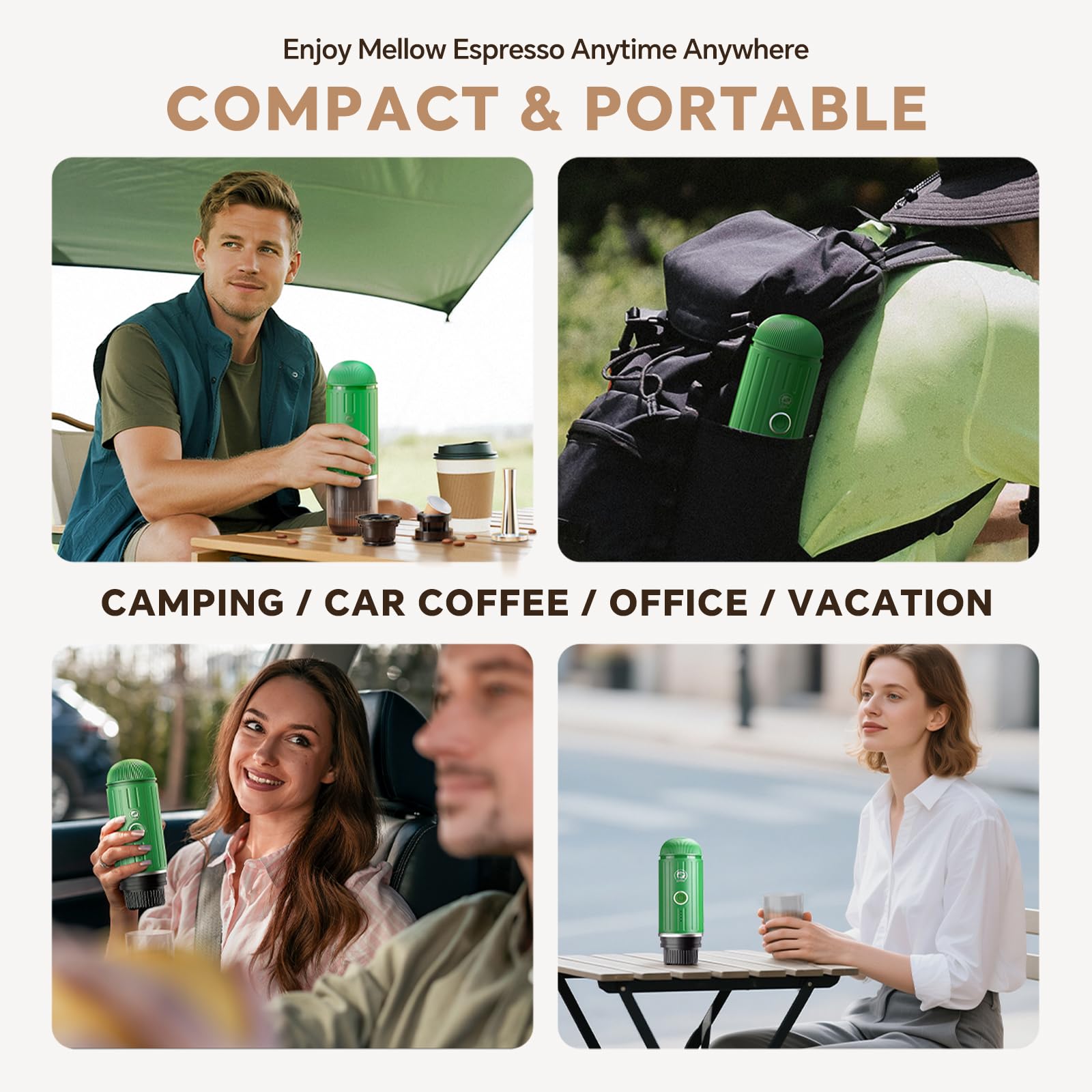 i Cafilas Rich Crema - Cafetera espresso eléctrica portátil, para viajes, coche, senderismo, sistema de extracción 2 en 1, autocalentamiento rápido, máquina de espresso, compatible con café molido y