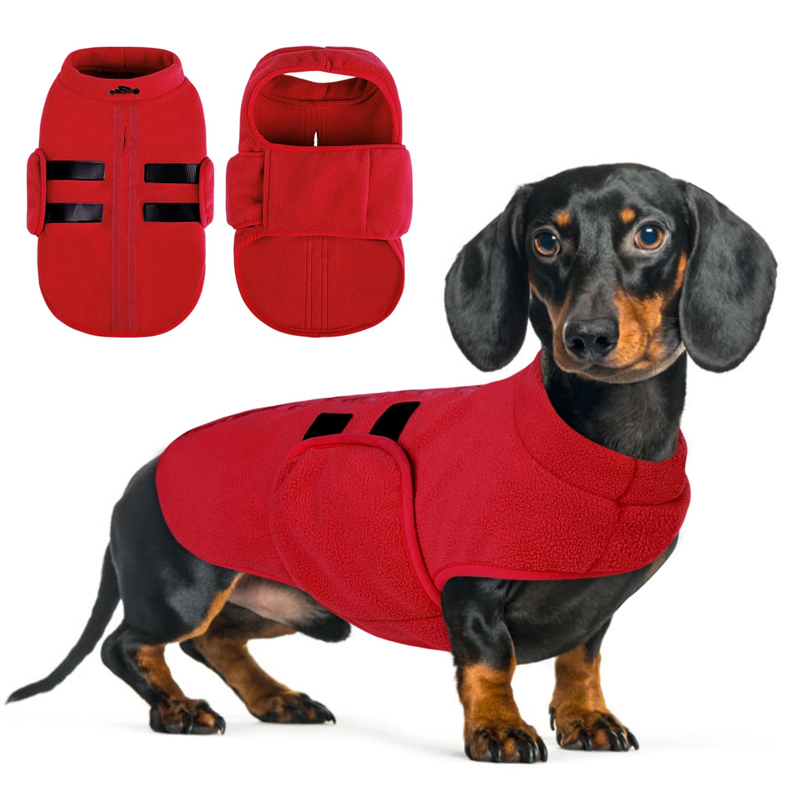 Queenmore Dog Fleece Jumper Cosy Dog Vest Fleece Dog Coat Pullover Dog Jacket With Leash Hole, Warm Winter Dog Coats Cold Weather Doggy Dachshund Sweaters For Small Dogs, Red, XS — image 1