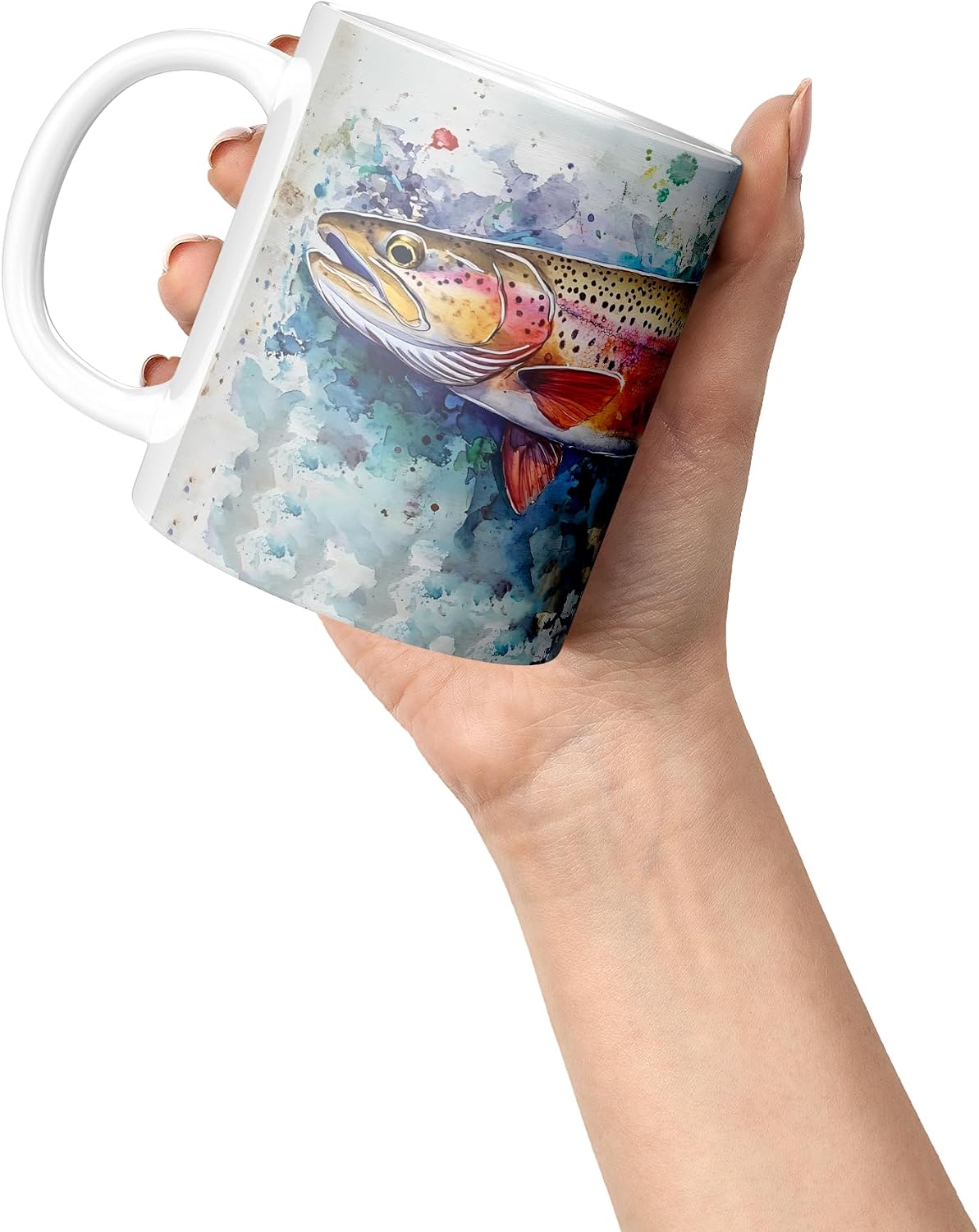 Coveted Goods Rainbow Trout Coffee Mug - One 11oz White Ceramic Cup with Full Wrap Watercolor Art Style Design - Gift for Fly Fishermen, Anglers, and Nature Lovers