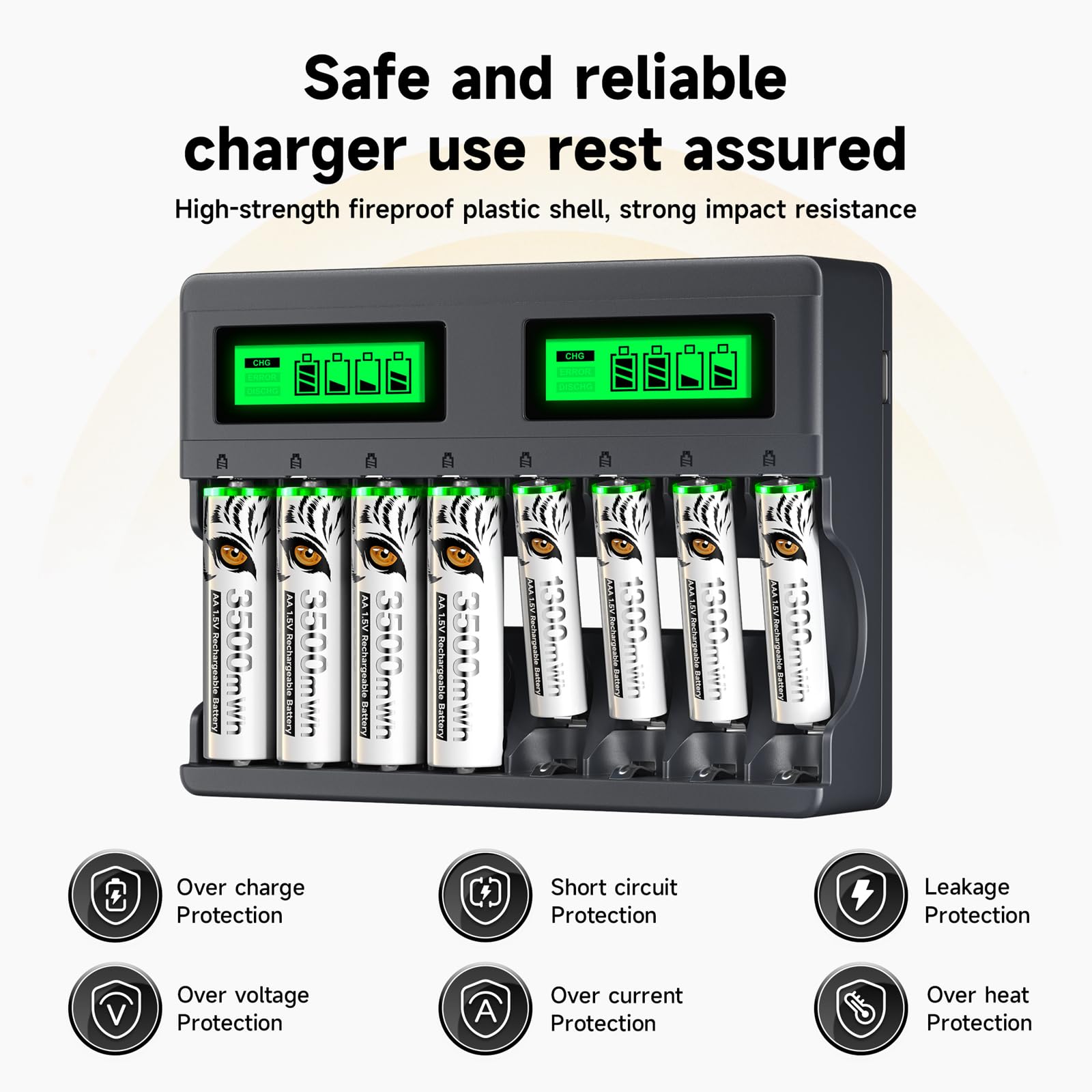 1,5V 3500mWh Lithium Akku AA wiederaufladbar mit Ladegerät, 8 Slots USB -C Unabhängiges Laden LCD Intelligent Schnell Ladegerät Type-C, mit 8 Stück Batterien AA