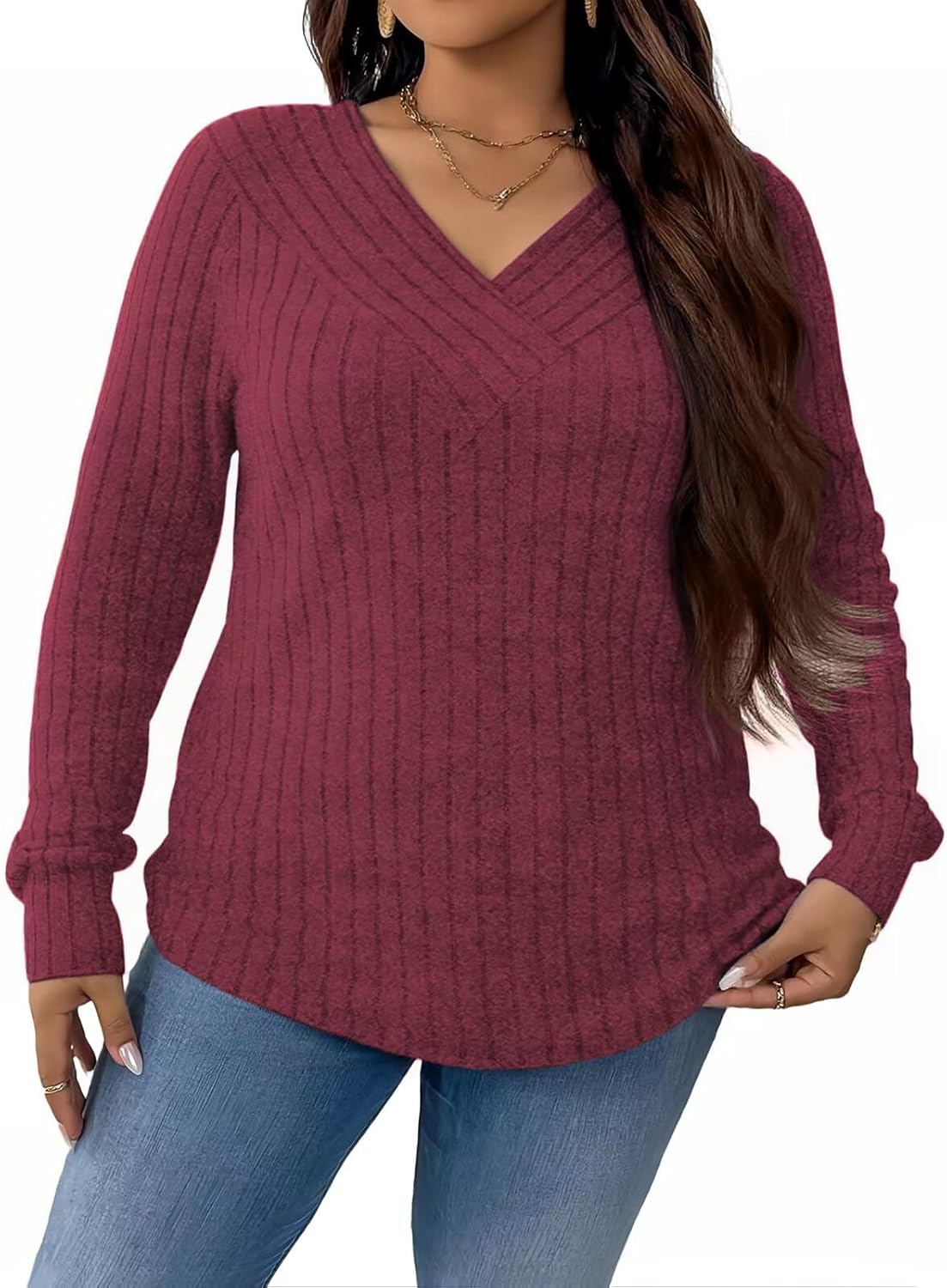 VISLILY Plus-Size-Sweaters for Women Trendy Long Sleeve V Neck Shirts Loose Lightweight Tops Casual Knit Pullover Tunics