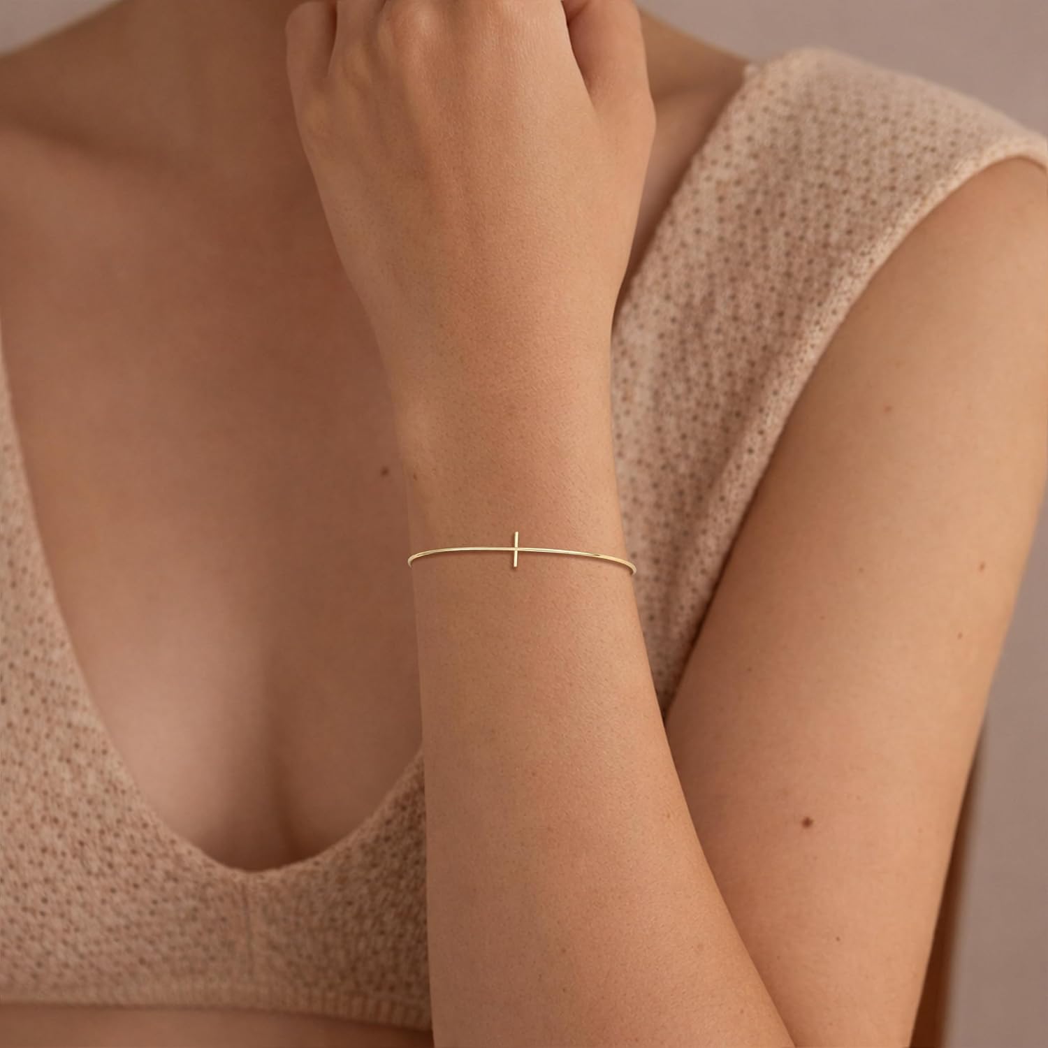 Easter Cross Cuff Bracelet for Women, 14K Gold Plated Dainty Minimalist Thin Wire Open Bangle, Lightweight Non Tarnish Hypoallergenic Christian Faith Jewelry - Image 3