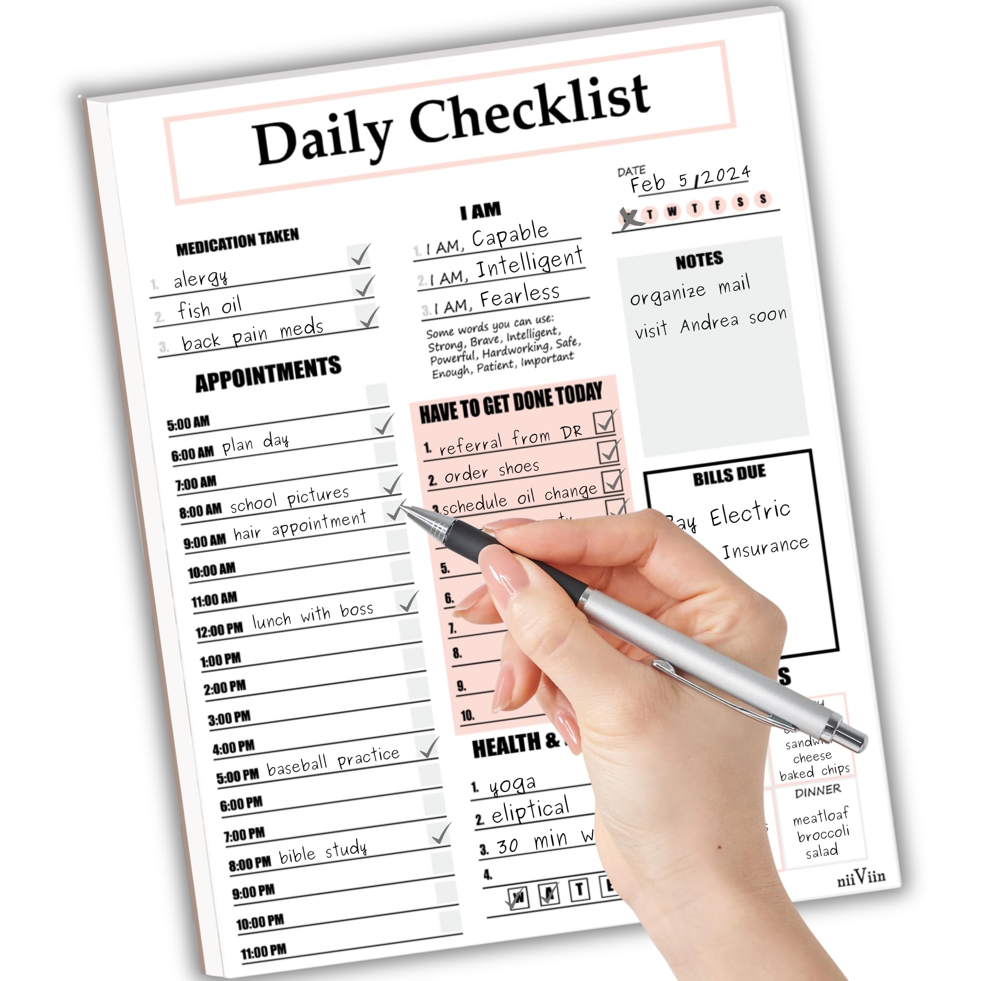 Daily Planner,To Do List Notepad, Easy Tear-Off Sheets, Extra Thick Backing, Undated Task Checklist, Manifestation With Positive Affirmations, Time Management, 8.5"x11" (50 Sheets)