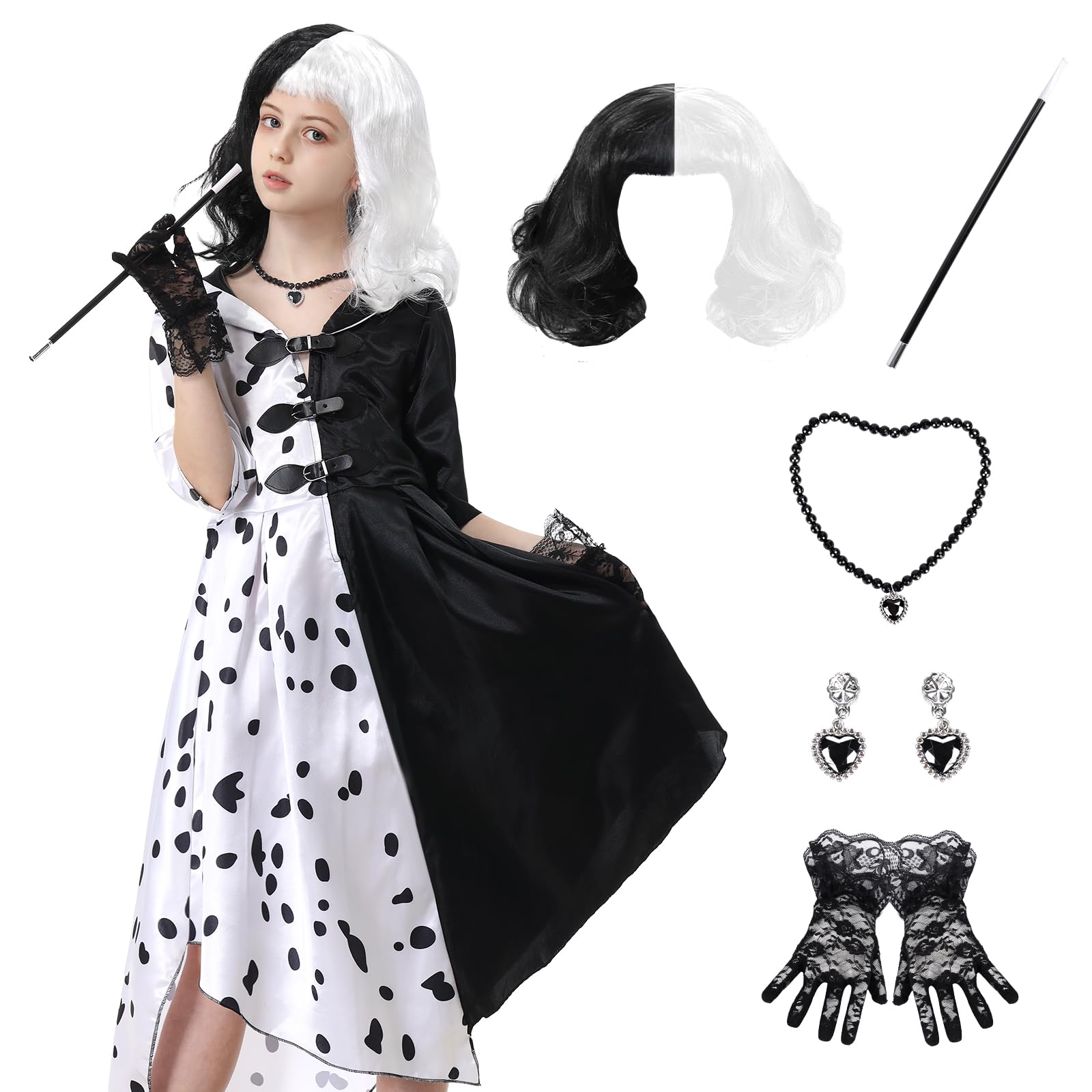 IEEILULU Cruella Costume Bambina, Vestito Crudelia Demon Donna, Costume da Crudelia Deville per Ragazze, Buono per il Ragazze Cosplay di Halloween - il Carnevale del Male