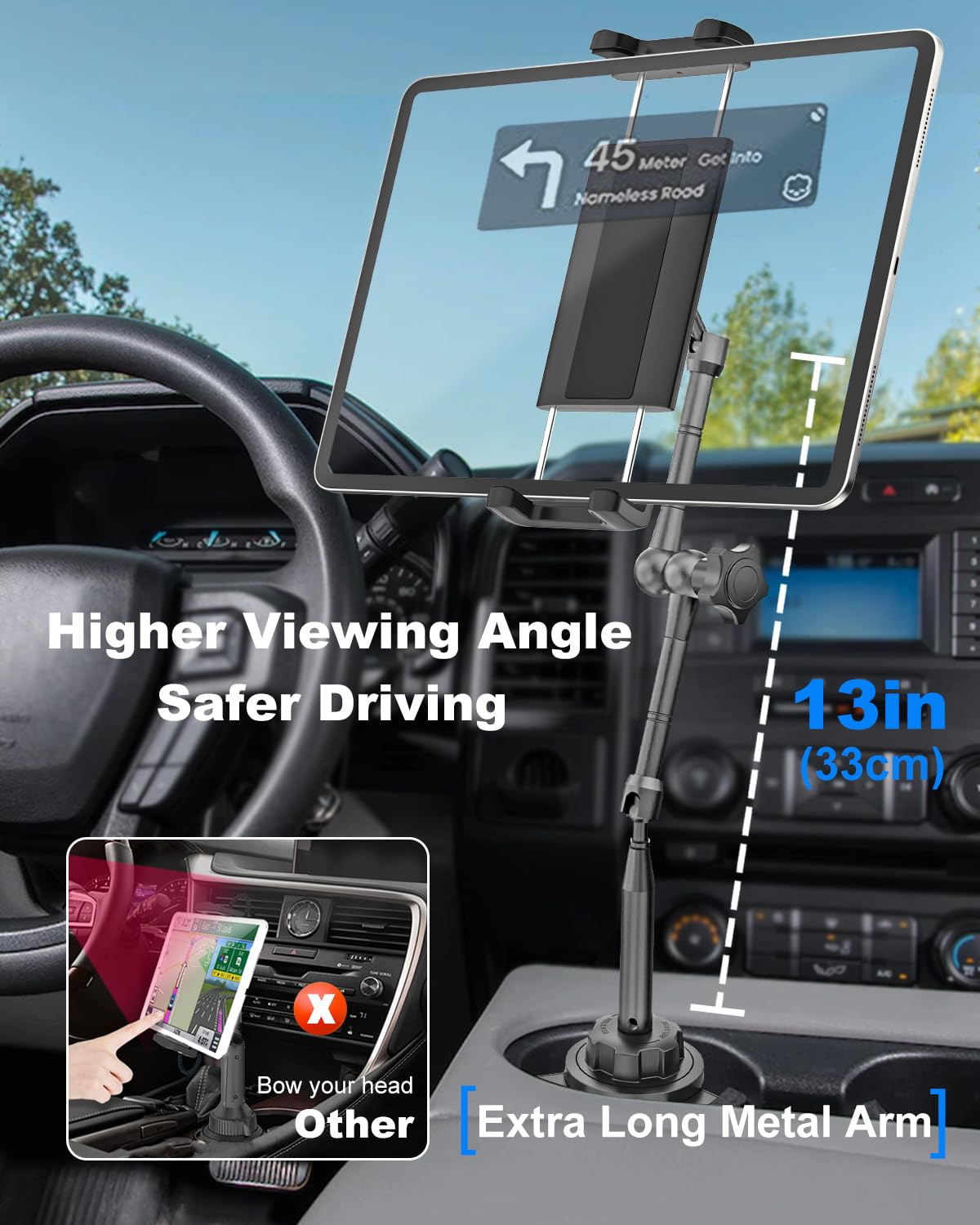 Supporto Tablet Auto da Portabicchiere con Braccio Metallico Regolabile, Compatibile con iPad Pro Air Mini, iPhone, Galaxy Z Fold e Dispositivi da 4-13 Pollici, per SUV e Camion