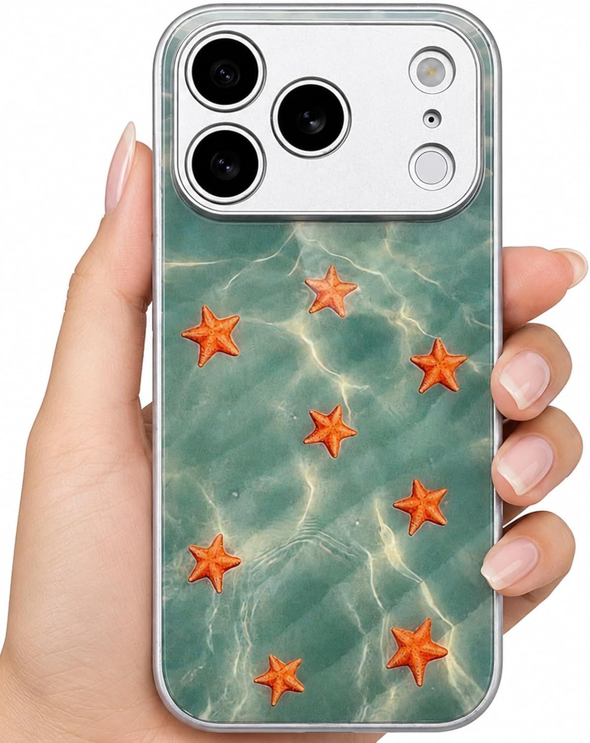 for iPhone 17 Pro Case,Cute Aesthetic Beach Ocean Seashell Summer Tropical Turtle Sunshine Pattern Print Phone Case,Funny Liquid Glass Case,Starfish,for iPhone 17 Pro