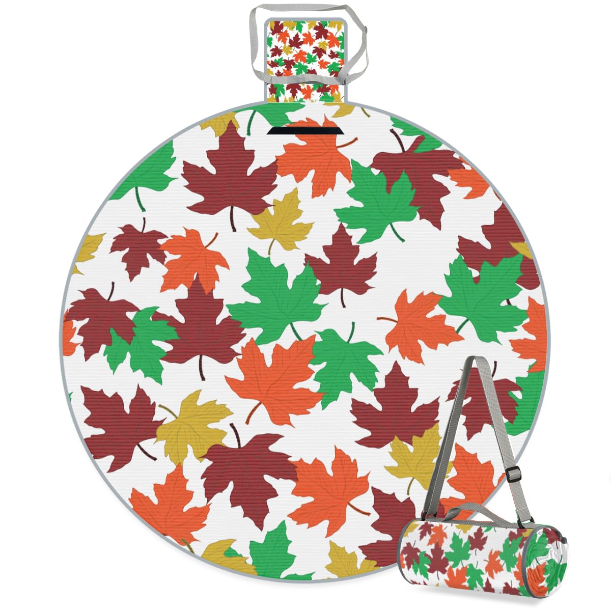 Shimoshe Colorful Maple Leaf Prints Picnic Outdoor Blanket Foldable Waterproof Sandproof Beach Blanket Portable Water-Resistant Round Picnic Mat for Travel Camping Park Lawn