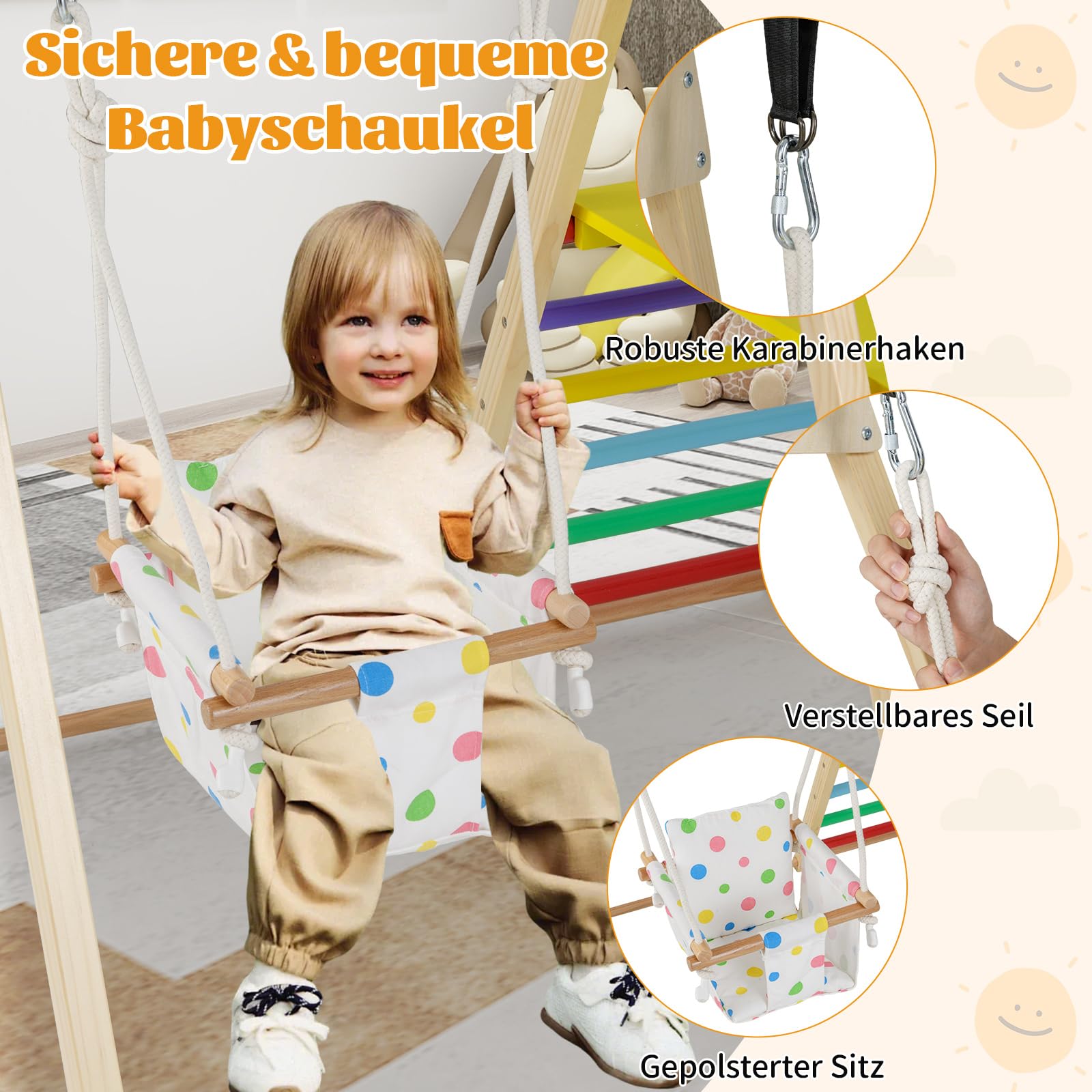 COSTWAY Klettergerüst Indoor, 4 in 1 Schaukel & Ruheplattform & Kletterrampe & Leiter, Kletterset zum Klettern & Rutschen, Kinder Spielplatz Holz, für Kinder ab 1 Jahr (Bunt)