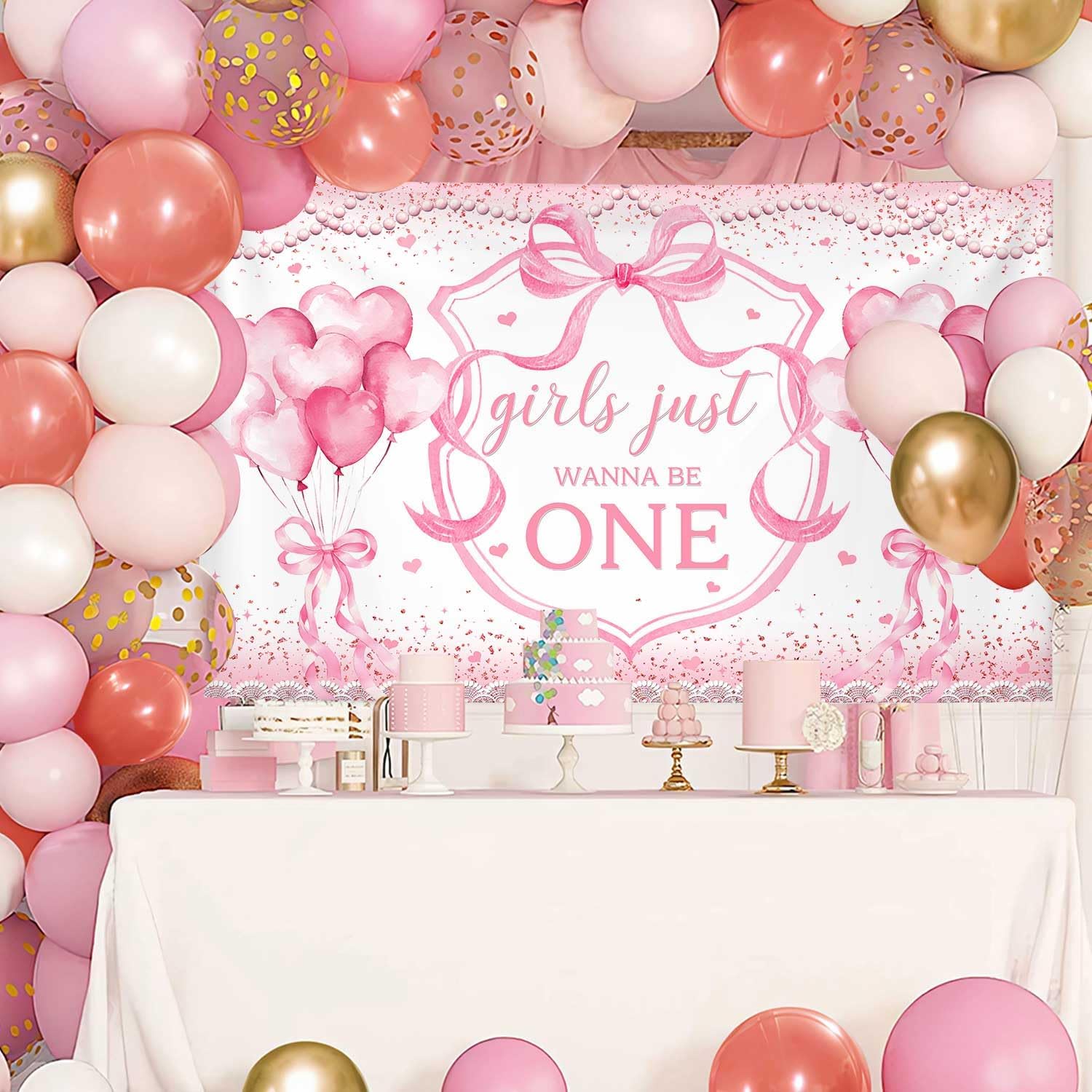 AIBIIN Pink Bow 1st Birthday Backdrop, Girls Just Wanna Be One Bday Decorations for Baby Girl Coquette First Birthday Party Banner Coquette Birthday Decorations 6x3.6ft image 3
