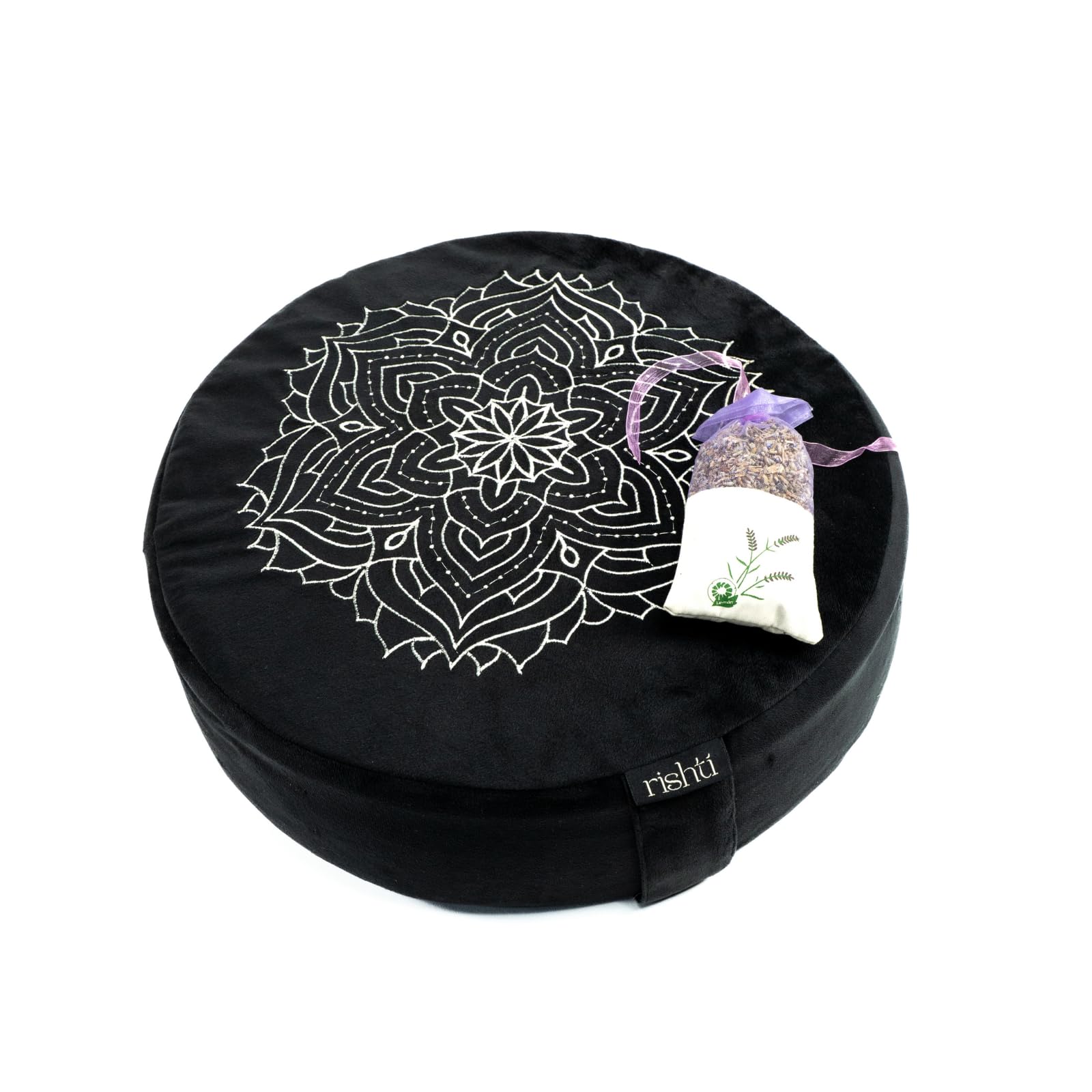 Black Velvet Embroidered Meditation Cushion - Buckwheat Filled with Lavender and Removable Foam Pad - Ideal for Yoga, Stress Relief, Mindfulness, and Holistic Living