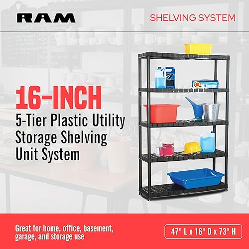 Miniatura 3 de Ram Quality Products Sistema de estantería de plástico extra de 5 niveles para organización de garaje, cobertizo o sótano, color negro