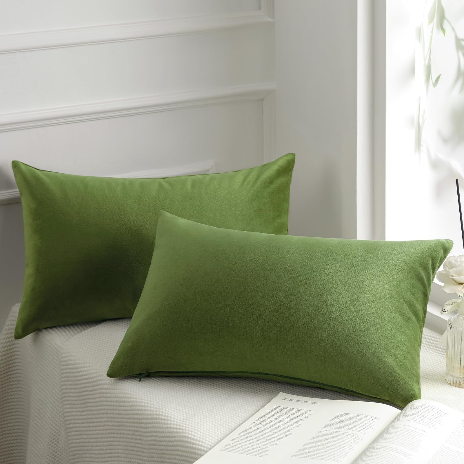 Phantoscope Pack of 2 Velvet Decorative Throw Decorative Pillow Cover Soft Solid Square Xmas Cushion Case for Couch Green 12 x 20 inches 30 x 50 cm