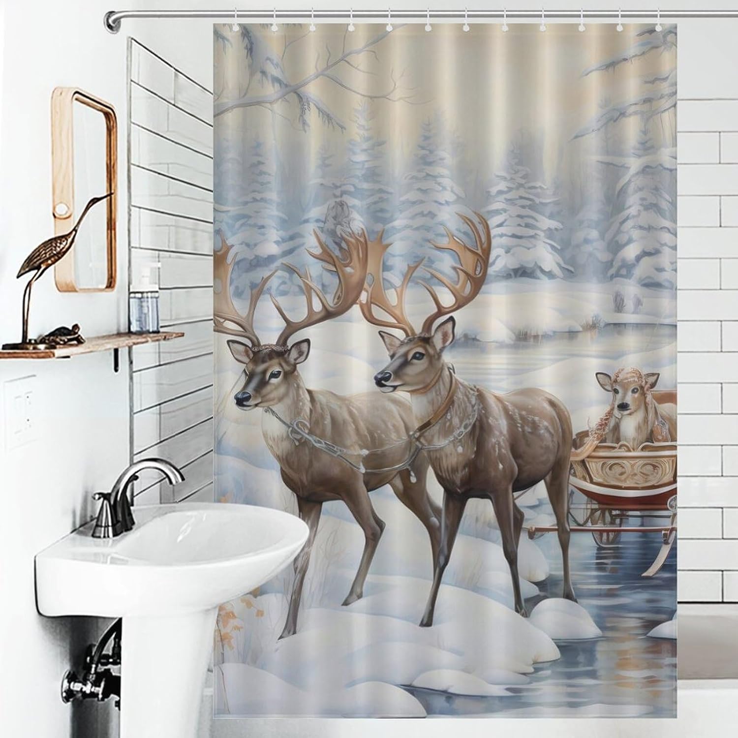 Snowy Day Sleds Deer Funny Shower Curtains Washable Bath Curtain Liner with Hooks for Bathroom Bath Tubs