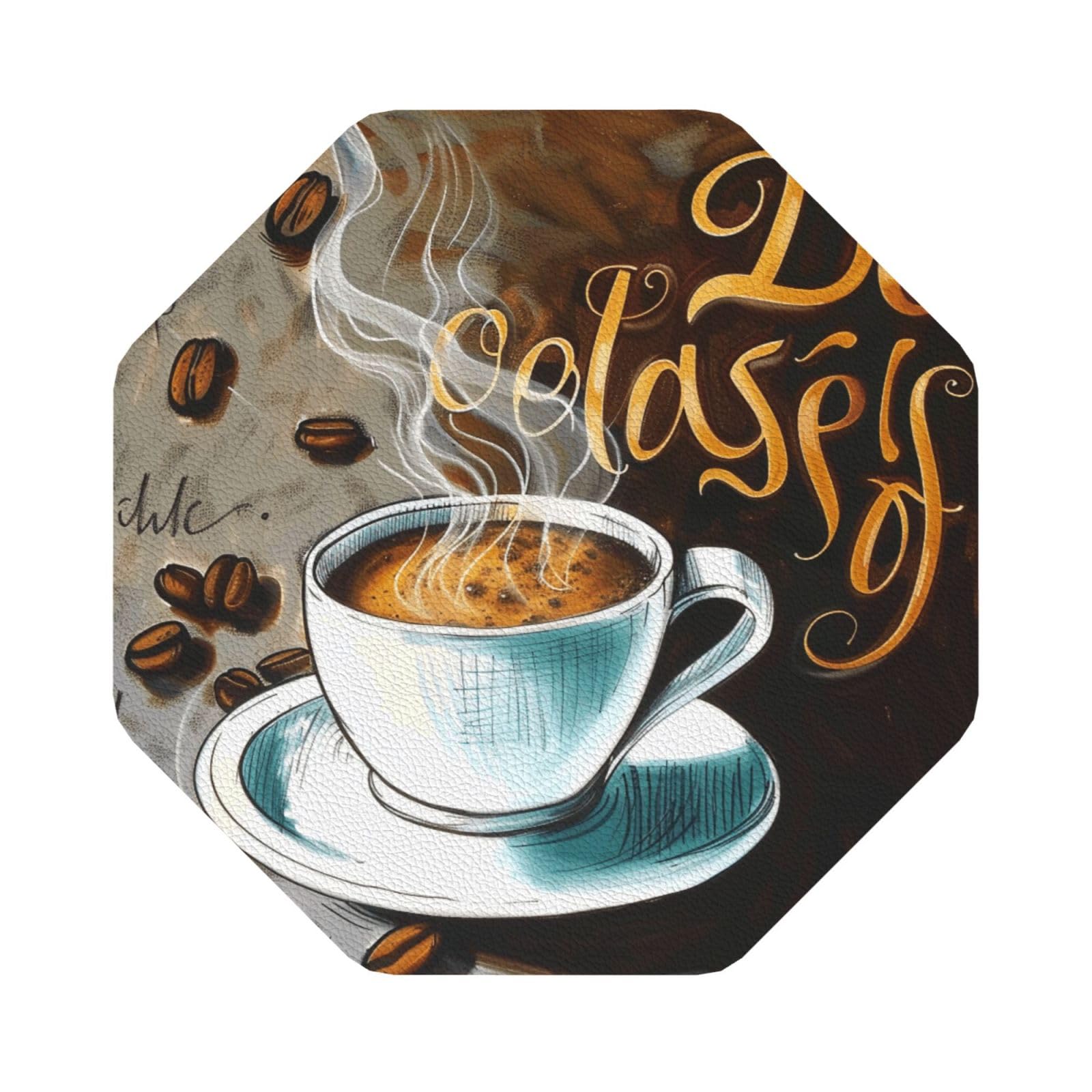 Delicious Coffee Print Leather Coaster Set of 6, Octagon Coasters Table Decorative Coffee Cup Beverage Coasters Wine Beer Bar Coasters for Hot Drinks Table Protection