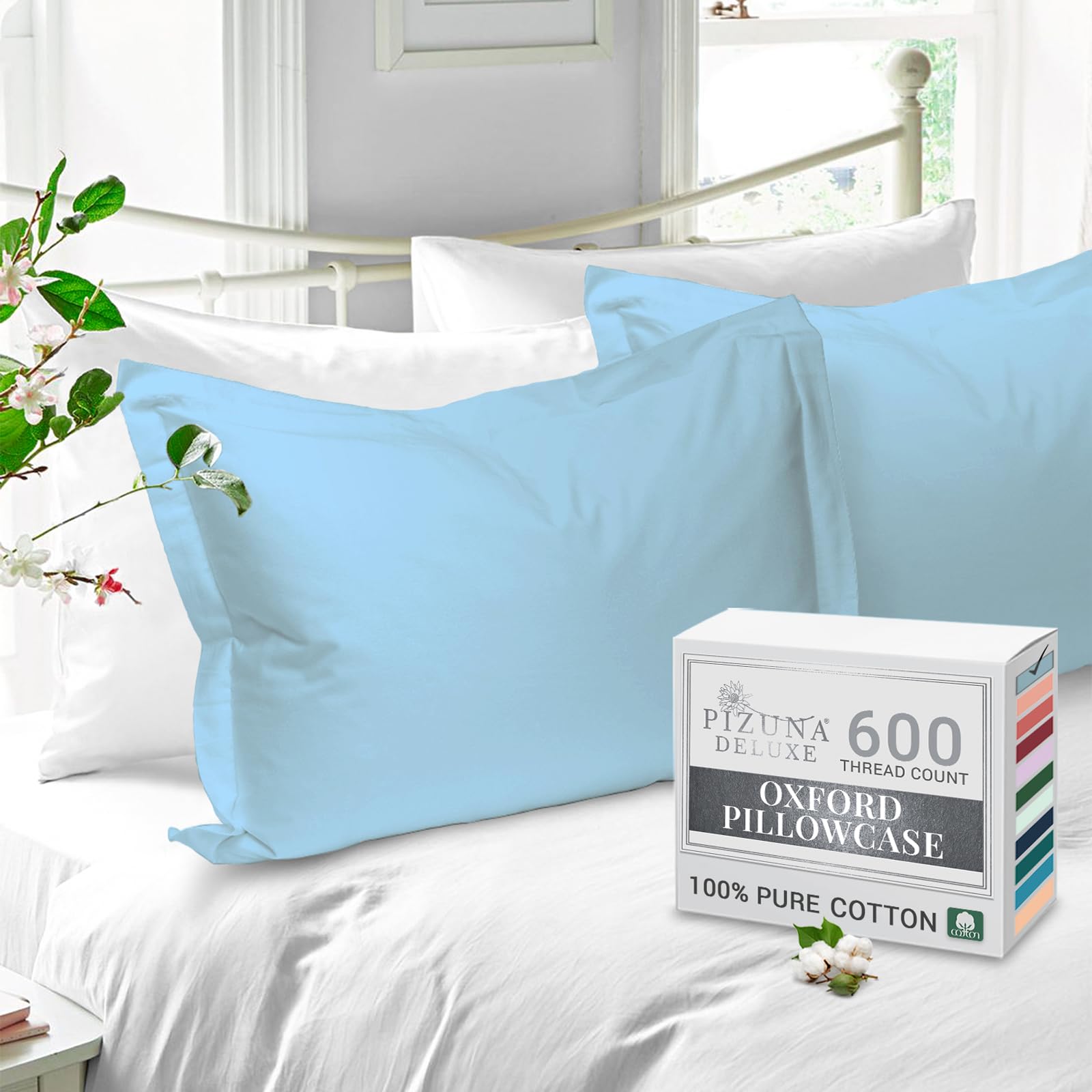 Pizuna Pure Cotton King Size Oxford Pillowcases 2 Pack Baby Blue 50x90cm, 600 Thread Count Long Staple Combed Cotton Crispy Soft Pillow Cover, Sateen King Pillow Cases