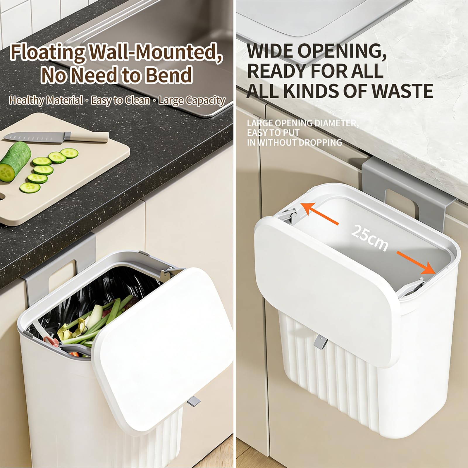 Pattumiera Cucina da Appendere, Pieghevole Secchio Spazzatura Sottolavello8,5L con Coperchio, Pattumiera Estraibile Sottolavello, Compostiera Sospesa per Cucina, Bagno, Campeggio, Auto, Ufficio(Bianco