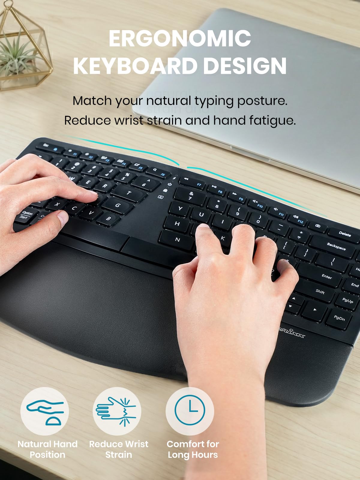 Perixx PERIDUO-606IIA - Tastiera ergonomica compatta wireless 3 in 1 con mouse verticale e tastierino numerico, tasti e clic silenziosi, inglese americano