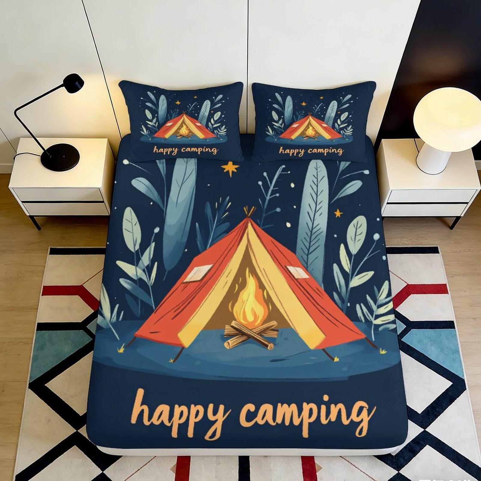 3D Printed Camping Tent Fitted Sheet Microfiber Soft Decorative Campfire Mattress Cover for Bedroom Dorm Room 120x200cm 90x200x25cm