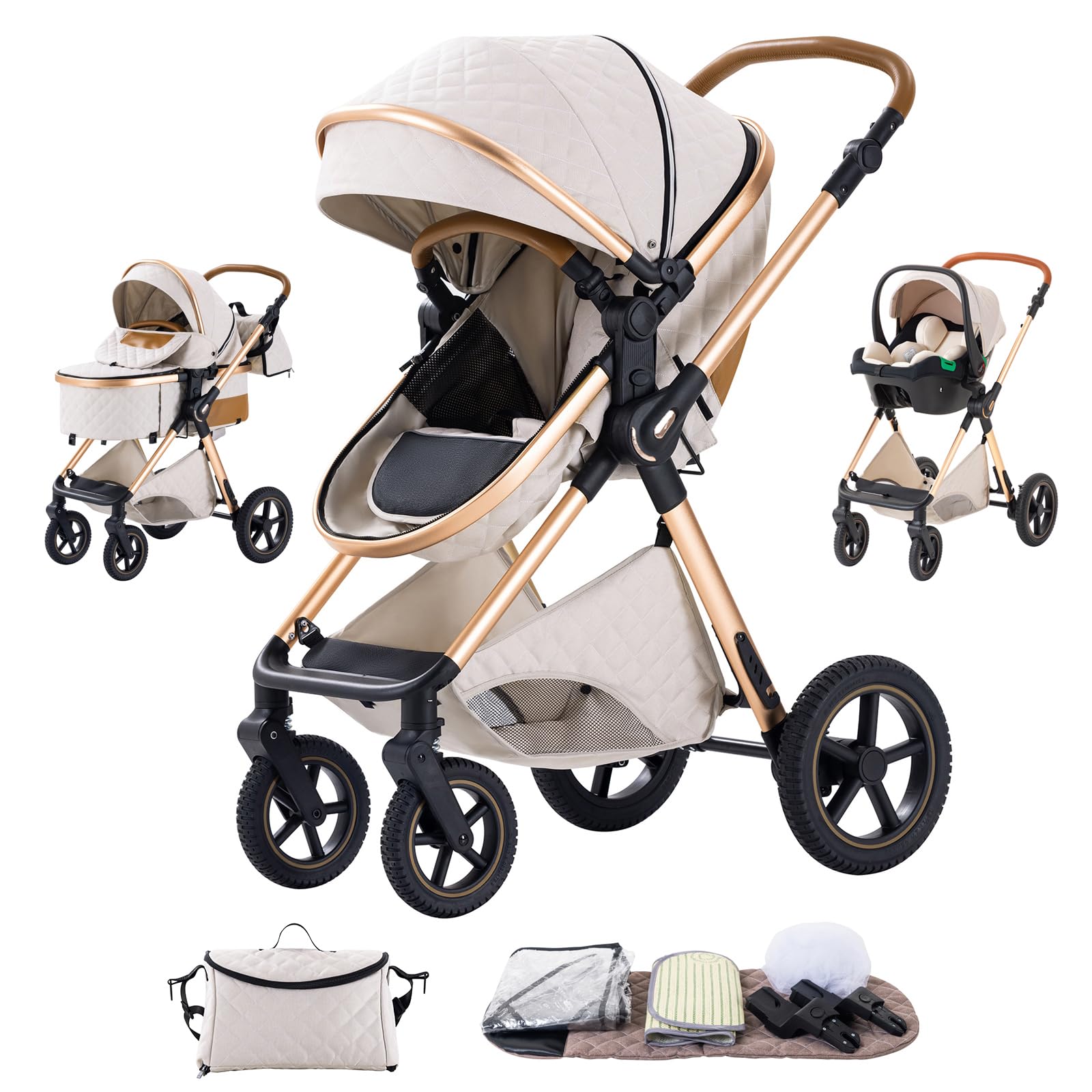 Poussettes 3 en 1 Citadines Poussettes Combinées Poussette Tricycle Baby Walker Poussette Haute Paysage Poussettes Landau pour 0-36 mois Pliantes Trolley Bébé (H2-RICEWHITE, H2)