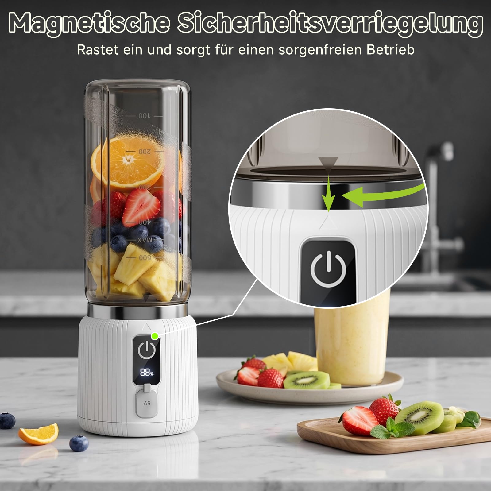 COKUNST Tragbarer Mixer mit LED Anzeige, Deckel, 22000 U/min, 500 ml, Weiß | kleiner Smoothie & Shake Maker mit 8 Klingen, USB-C aufladbarer Mini Personal Blender für unterwegs, Fitnessstudio, Reisen