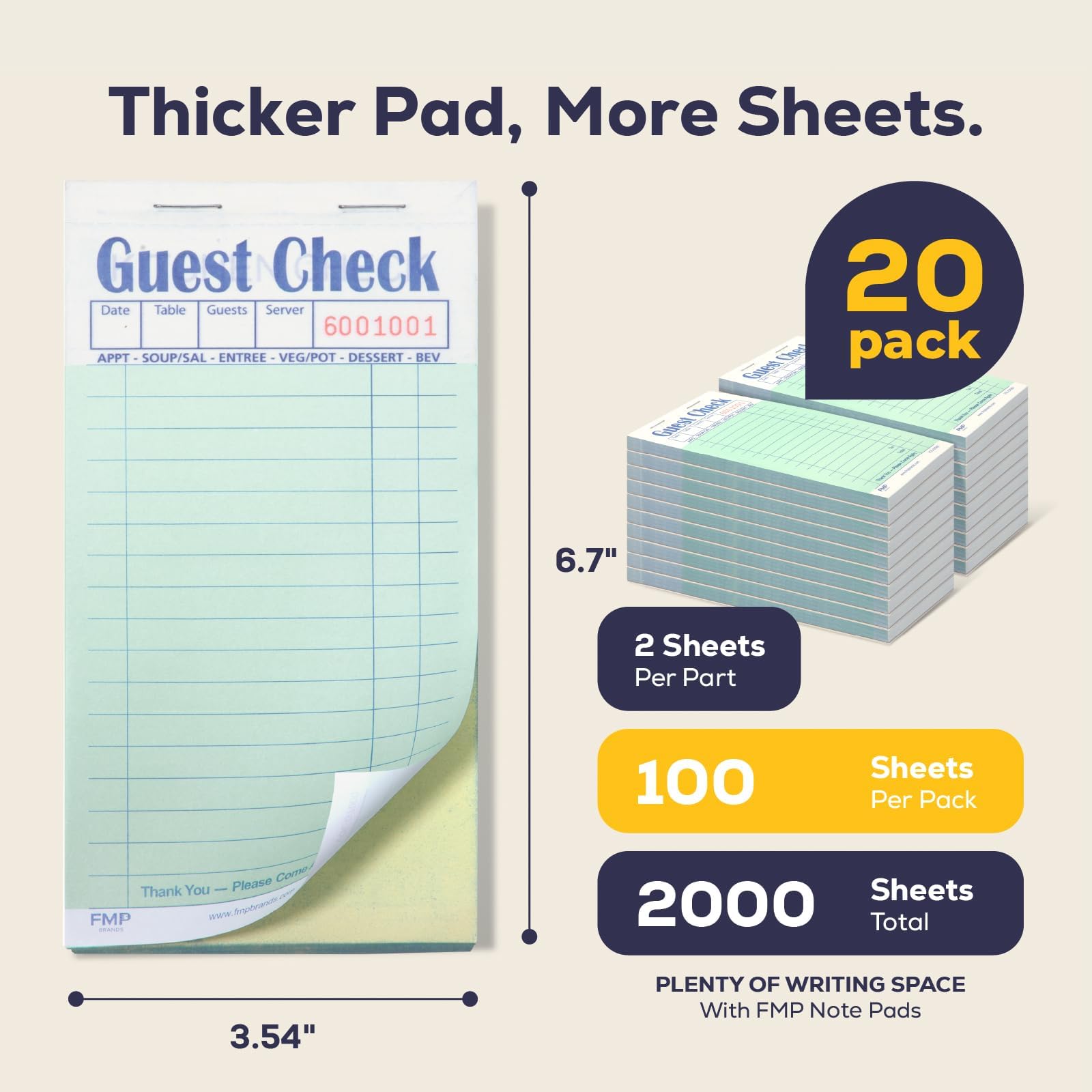 [20 blocs, 50 hojas/bloc] Bloc de cheques de invitados de doble parte para restaurantes, 2 partes perforadas verde y blanco, libro de cheques autocopiativo para bares, cafeterías y pedidos de