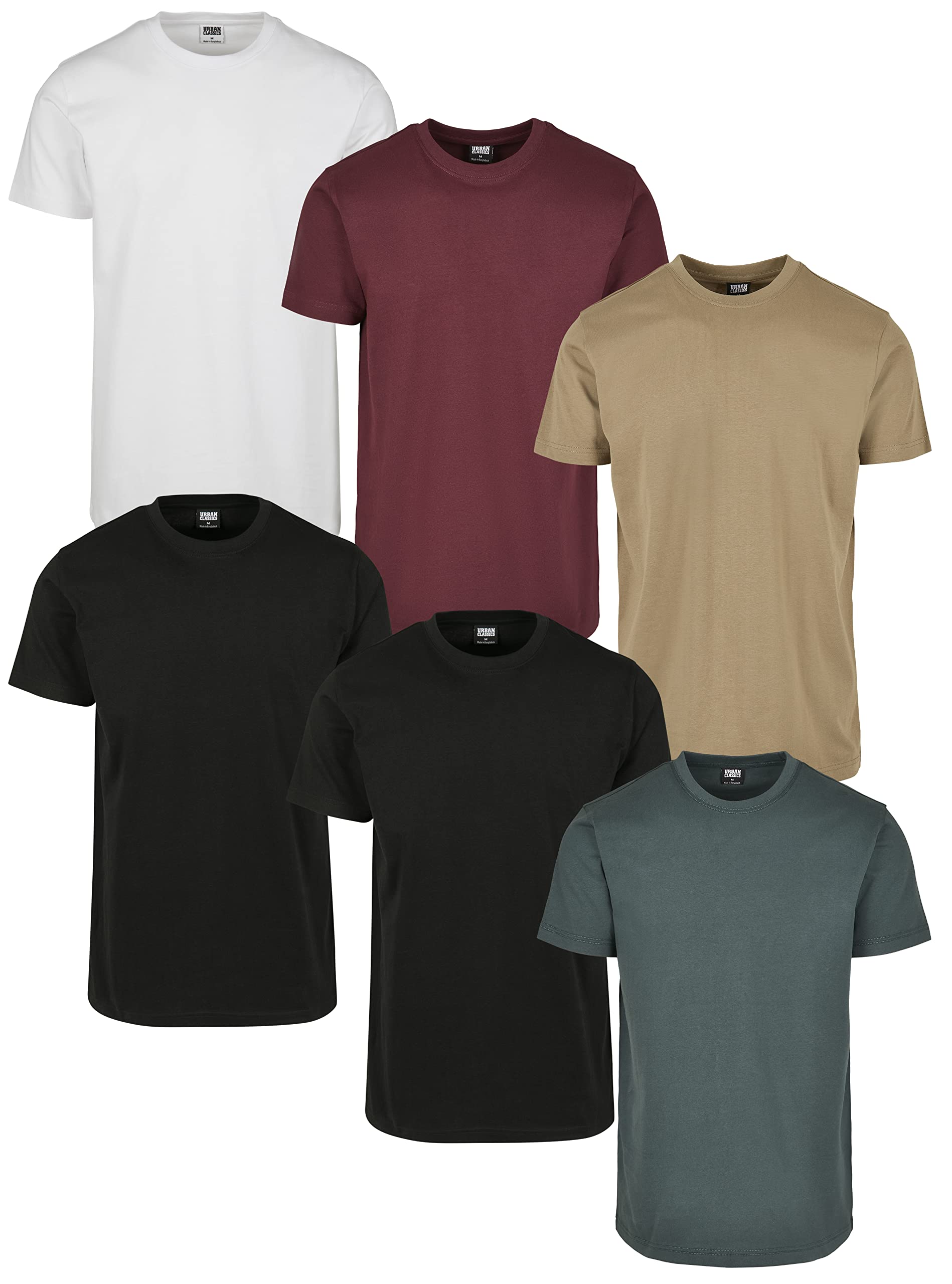 Urban Classics Herren Basic Tee 6-Pack T-Shirt, 2x Black 1x White 1x Redwine 1x Khaki 1x Bottlegreen, 3XL