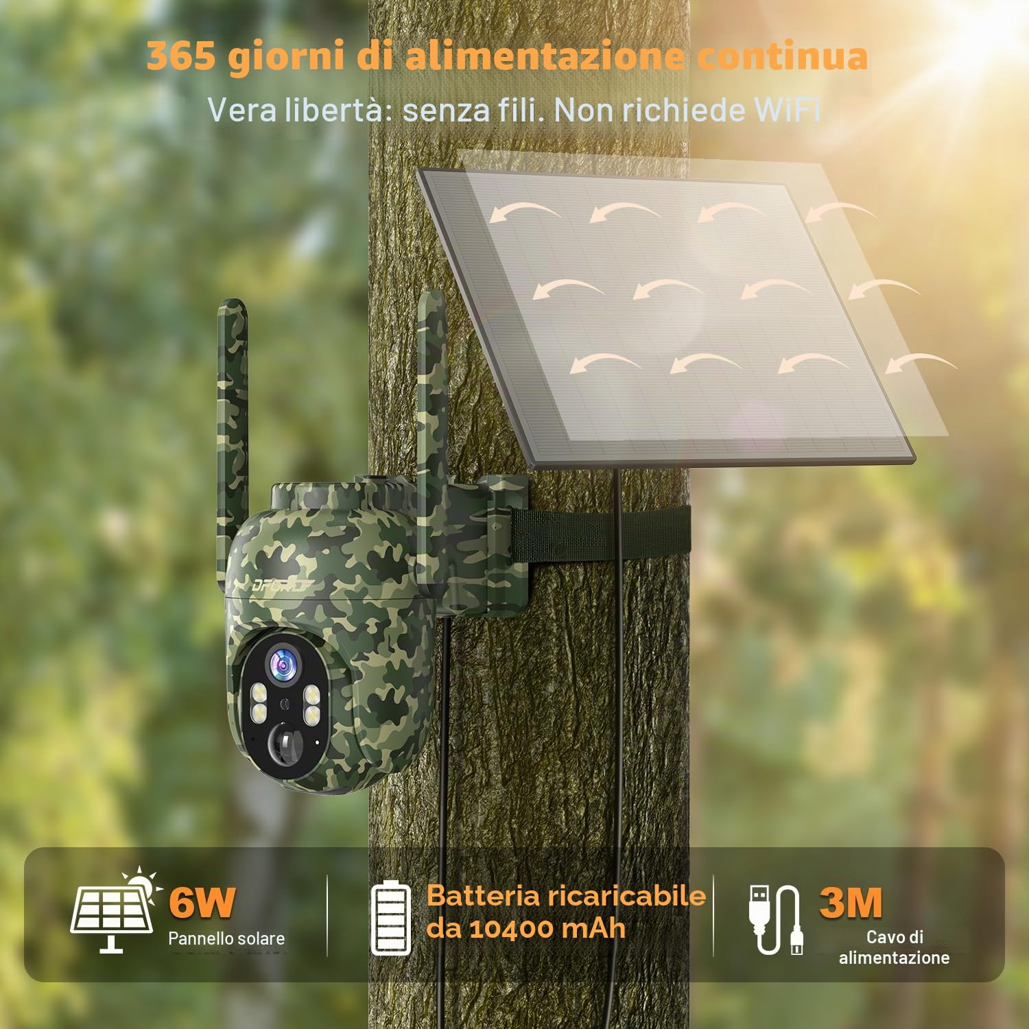 4G LTE Fotocamera con SIM e Pannello Solare, 2K PTZ 360° Telecamera Esterna, Batteria 10400mAh, Visione Notturna, Rilevamento PIR, IP66