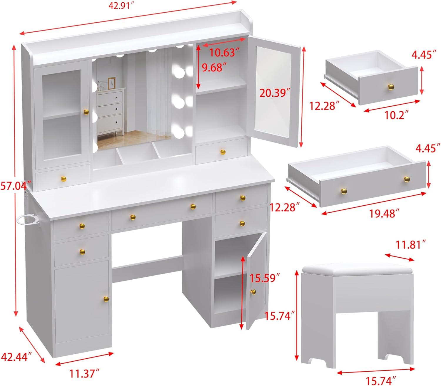 Detailed diagram showing the dimensions and components of the vanity desk, including drawers, cabinets, and stool.