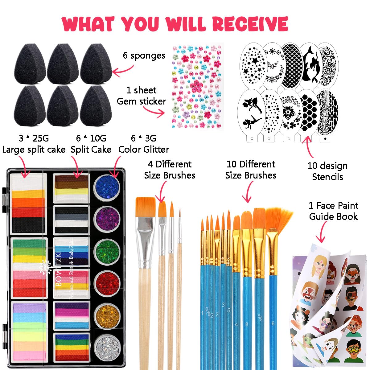 Bowitzki Split Cake Face Paint Kit With Glittle 18 Colors Professional Body Painting Set Stencil One Stroke Non Toxic Rainbow Flora Dolphin Unicorn Flame Makeup Christmas Easter - Classic Color