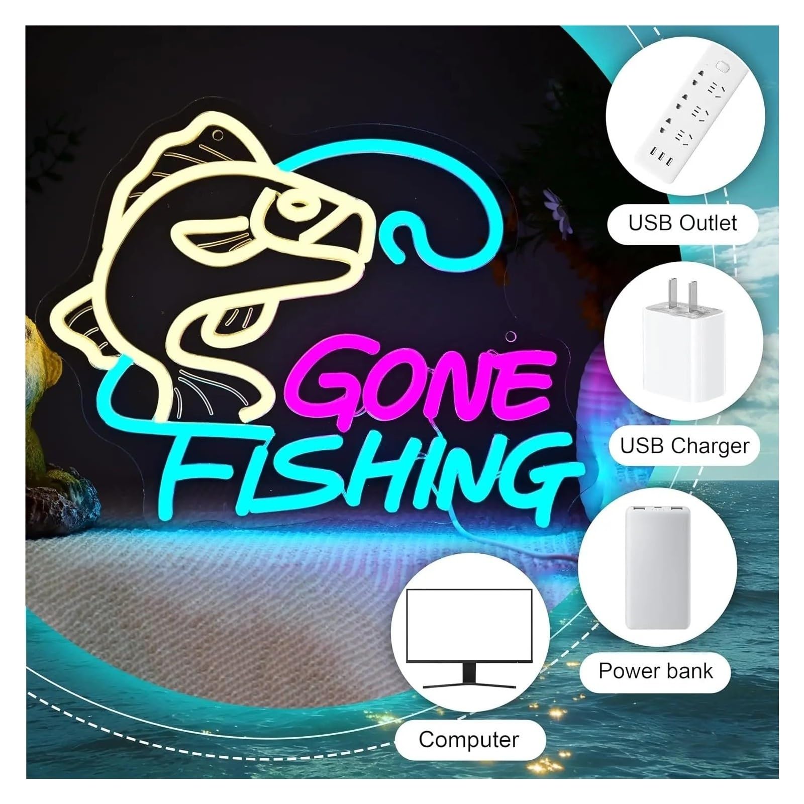 Decoración Lámparas Letrero De Neón LED Pesca Ido