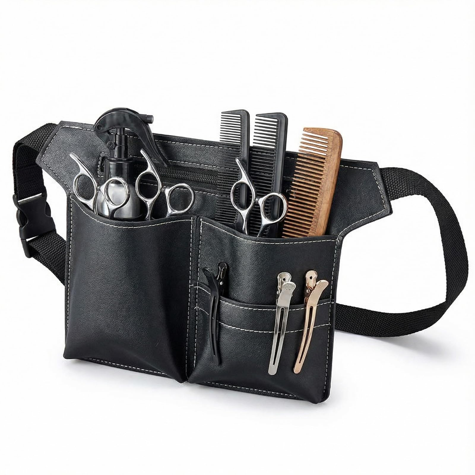 Borsa da Parrucchiere in Pelle PU, Cintura Porta Utensili Professionale per Salone di Parrucchiere, Borsa per Forbici Portatile Grande Taglia Nero per Pettini e Utensili da Parrucchiere