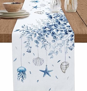 Blue Coastal Table Runner - 70 Inch Long Eucalyptus Leaves Cotton Linen Dress Scarves, Nautical Beach Starfish Jellyfish Shell Farmhouse Table Runner for Kitchen Dining, Coffee Table, 13"x70"