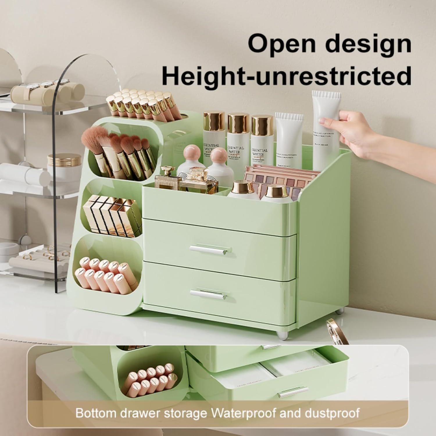 Makeup Organizer with Drawers for Vanity,Spacious Cosmetic Display Case,Perfect Storage Solution for Your Beauty Essential (All Green) - Image 5
