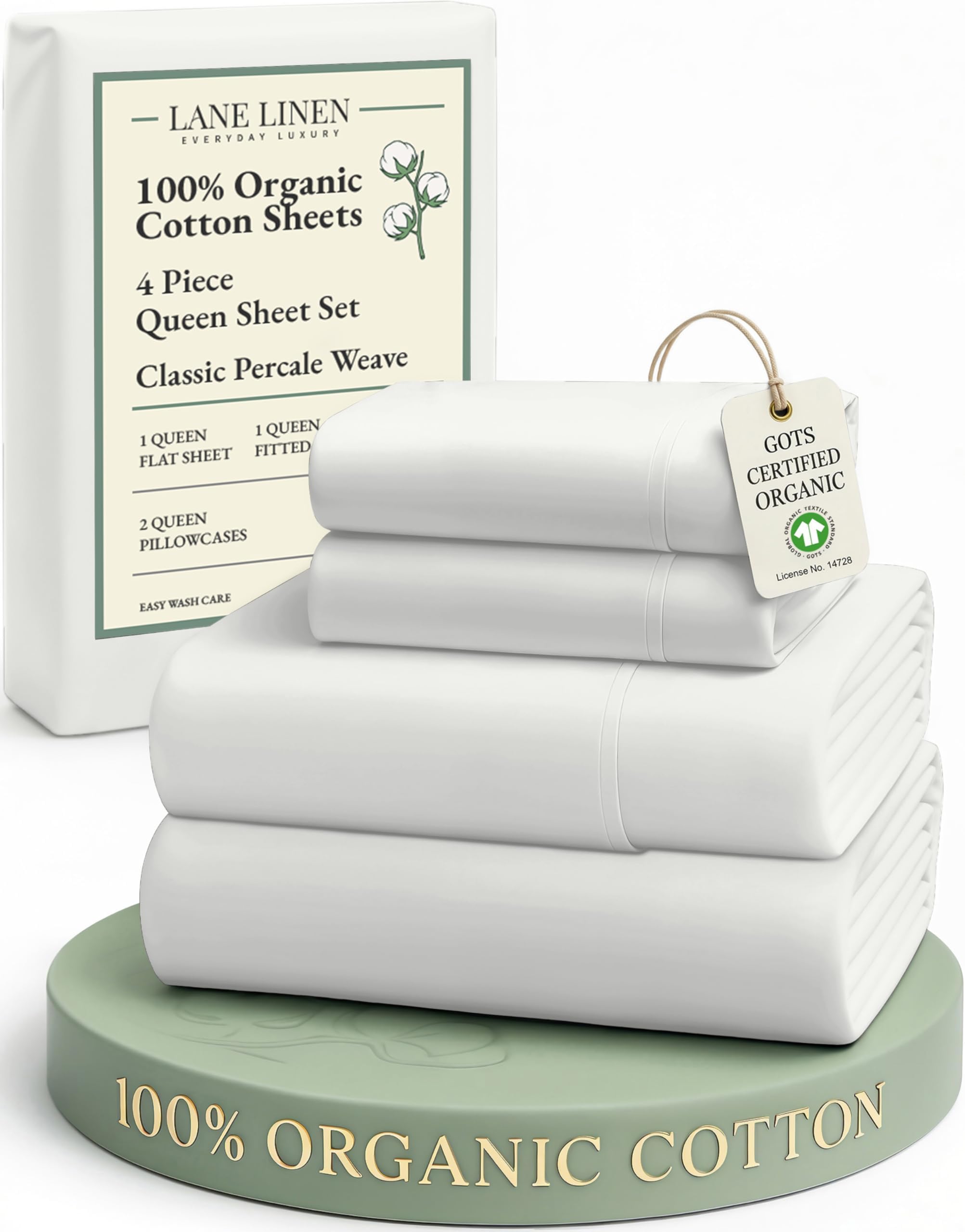 LANE LINEN 100% Organic Cotton Queen Sheet Set, 4 Piece Cotton Sheets Queen Size Bed Set, Soft Percale Weave, Deep Pocket Queen Sheets, Hotel Quality Bed Sheets Queen Size - Glacier Grey