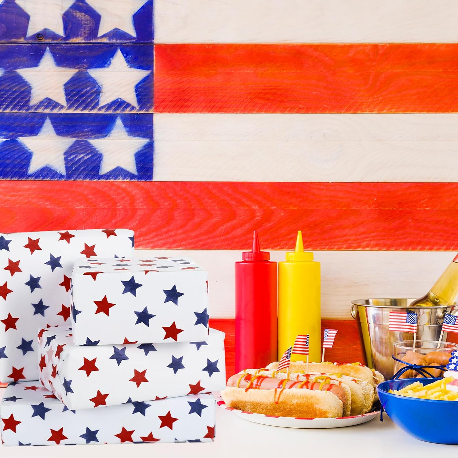 JarThenaAMCS 100 Sheets Patriotic Tissue Paper Red Blue Star Gift Wrapping Paper Bulk 4th of July DIY Art Craft Papers for 250th Anniversary Independence Day Party Supplies, 14 x 20 Inch