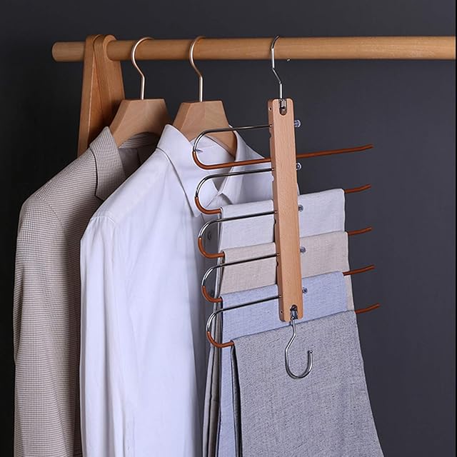 HuPop Magic Pants Hanger Rack - Space Saving Trousers Hanger Rack 5 in 1 Wooden Stainless Steel Wardrobe Closet Storage Organizer Racks for Clothes Trousers Jeans Slacks