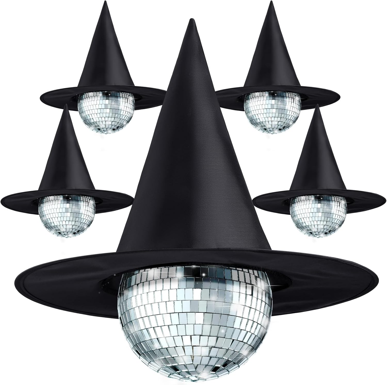 4 Set Large Halloween Hanging Mirror Disco Ball Ornaments with 15 Inch Black Witch Hat Halloween Hanging Decorations for Tree Party Stage Home Decor