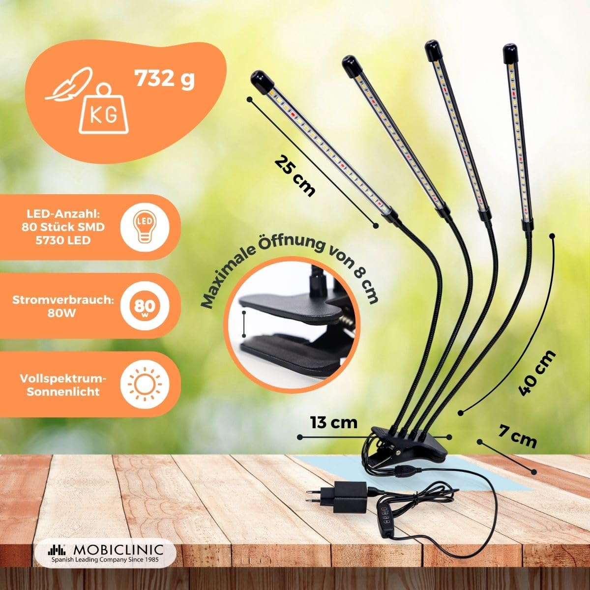 Mobiclinic®, Pflanzenlampe, Led, Growflex, 3 modi, 6000k, 10 helligkeitsstufen, Vollspektrum, Europäische marke, Timer, 360° rotation, 40w, Flexibel, Zimmerpflanzen, Usb, Grow lampe (4 köpfe)