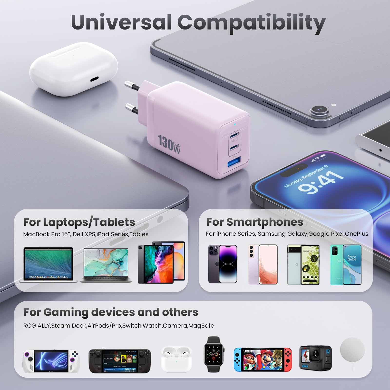 130W Caricatore USB C, 3 Porte GaN III Tech Alimentatore USB C, 65W PD+PPS Compatto Caricabatterie Ricarica Rapido Presa USB Compatibile con MacBook Pro/Air, iPad, iPhone 16/15, Galaxy S24 (Rosa)