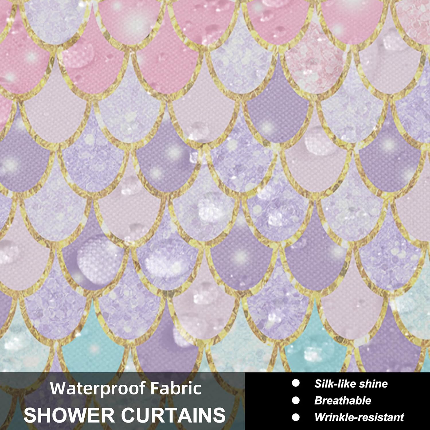 4Pcs Pink Mermaid Scales Shower Curtain Set with Rugs, Sparkly Iridescent Patterns, Underwater Ocean Bathroom Decor, Machine-Washable Fabric, with 12 Pcs Hooks，71 x 71in