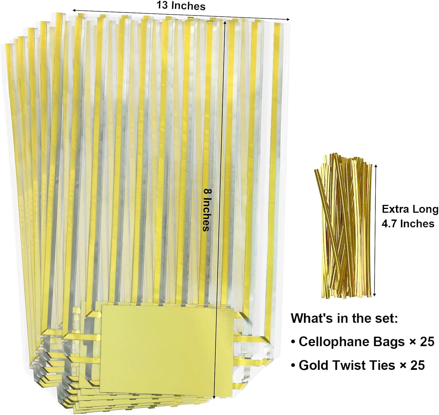 EKAPACKAGING 25 Pcs 4.61x2.95x13in Flat Bottom Cellophane Bags (8x13in Flat Size), Metallic Gold Stripe Treat Bags with Ties, Heat Sealable Clear Cello Bags for Party Favors image 3