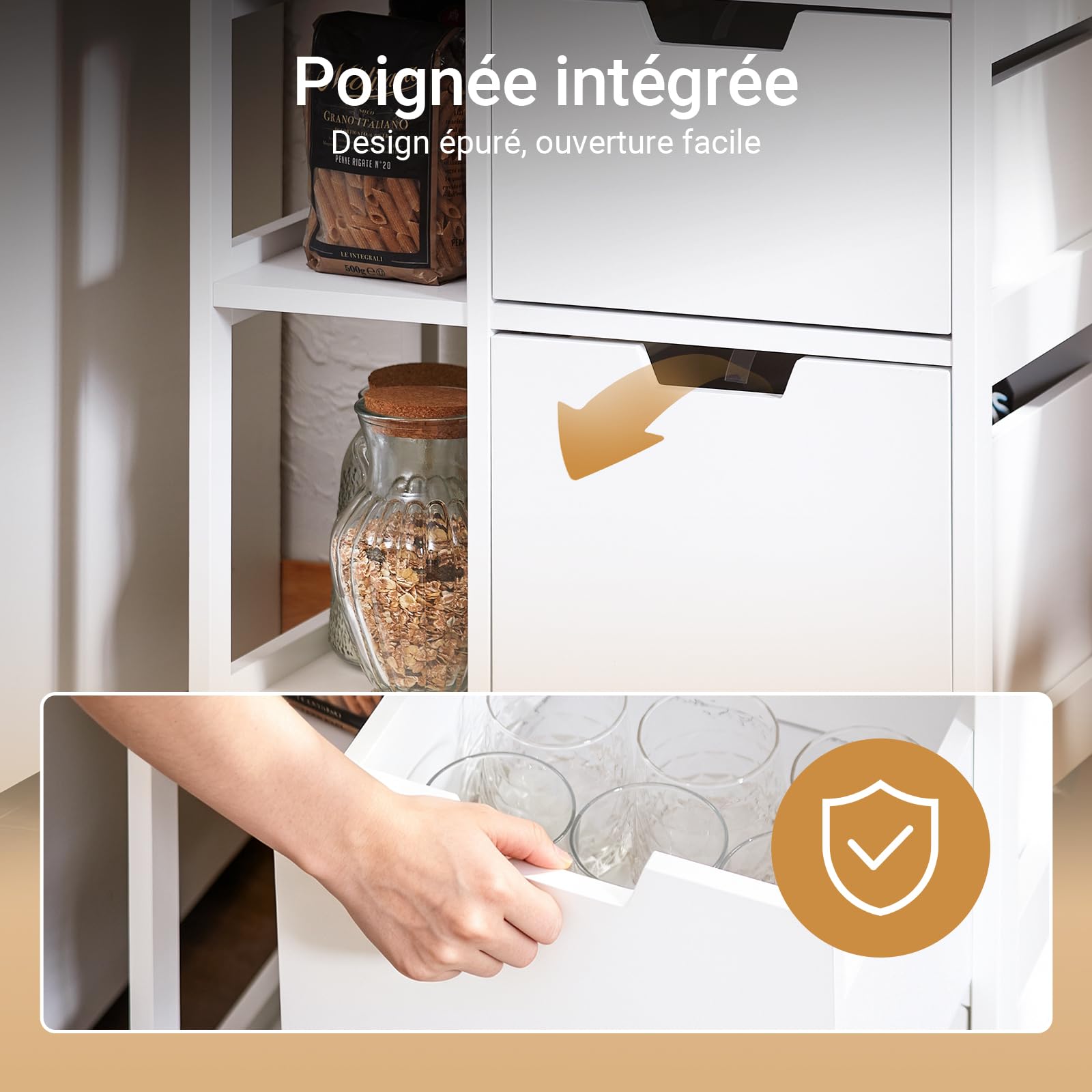 SoBuy Desserte Cuisine avec Freins, 2 tiroirs, 3 étagères, 89x53x37 cm | Chariot de Cuisine avec plan stable et poignée intégrée, 42 kg de charge, PB/métal, cuisine/maison, Blanc-Naturel, FKW111-WN