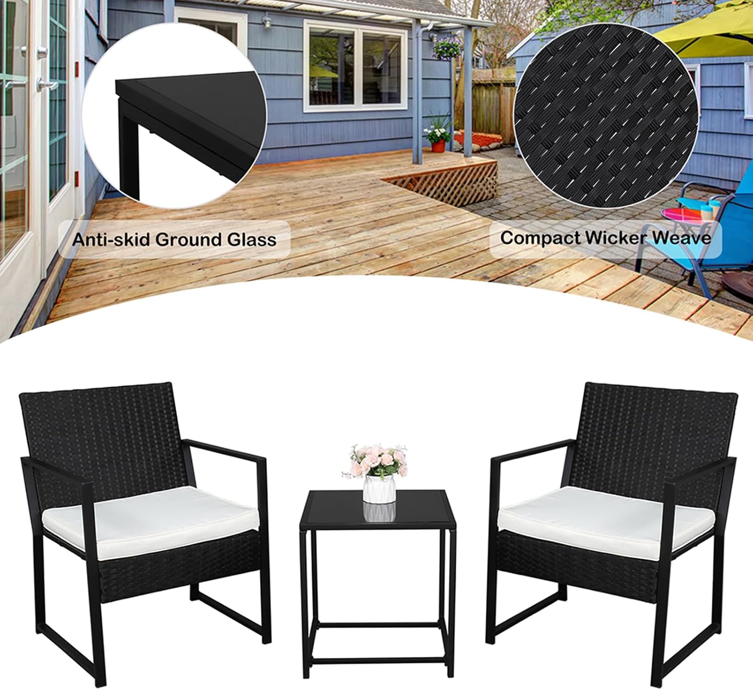 3 Piece Outdoor Patio Furniture Sets,Patio Bistro Set, PE Rattan Conversatio Chairs with Tempered Glass Coffee Table and Thickened Cushion Set,for Backyard, Porches, Poolside,Yard, Lawn and Balcony