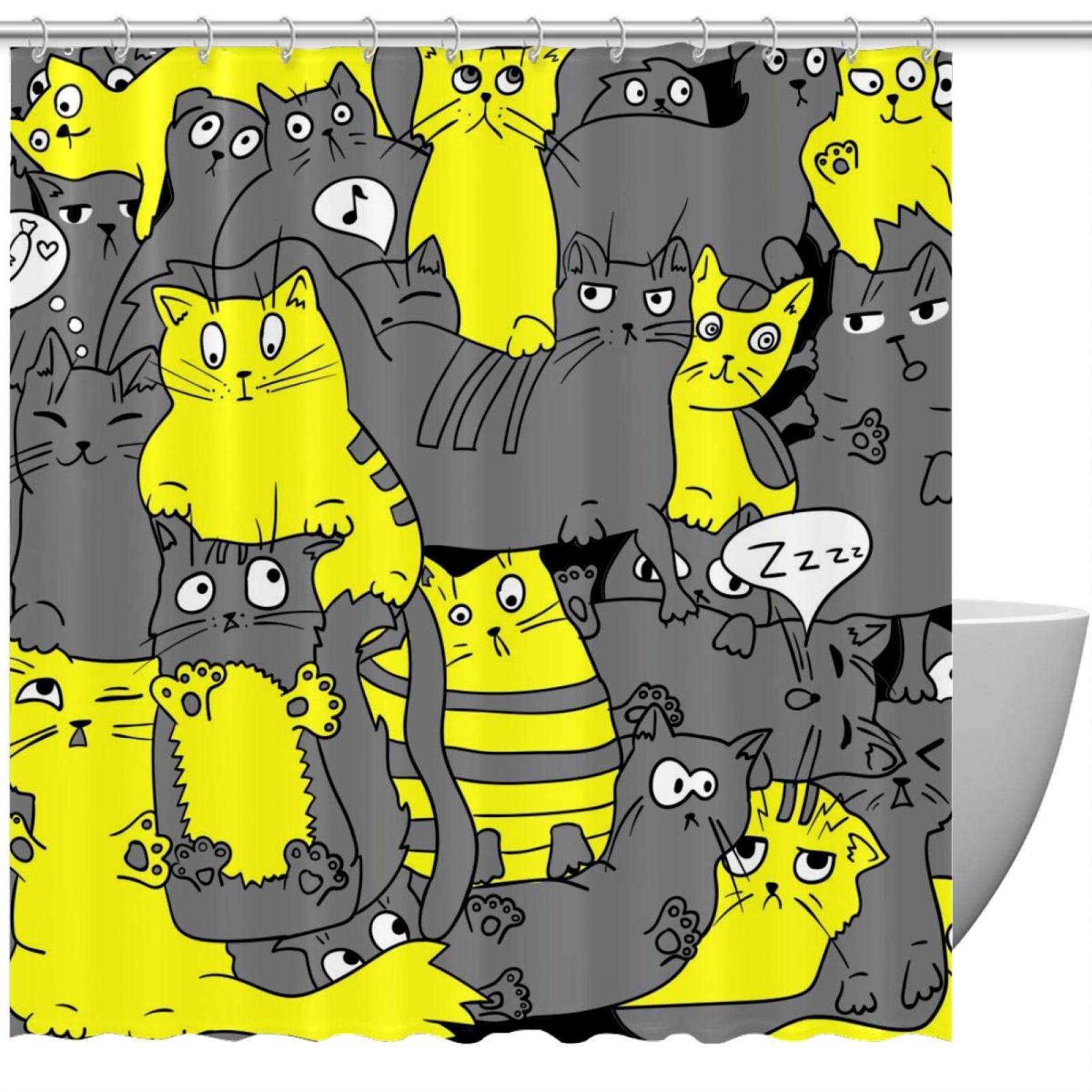 Rideau de douche motif chat jaune déco moderne pour baignoire familiale