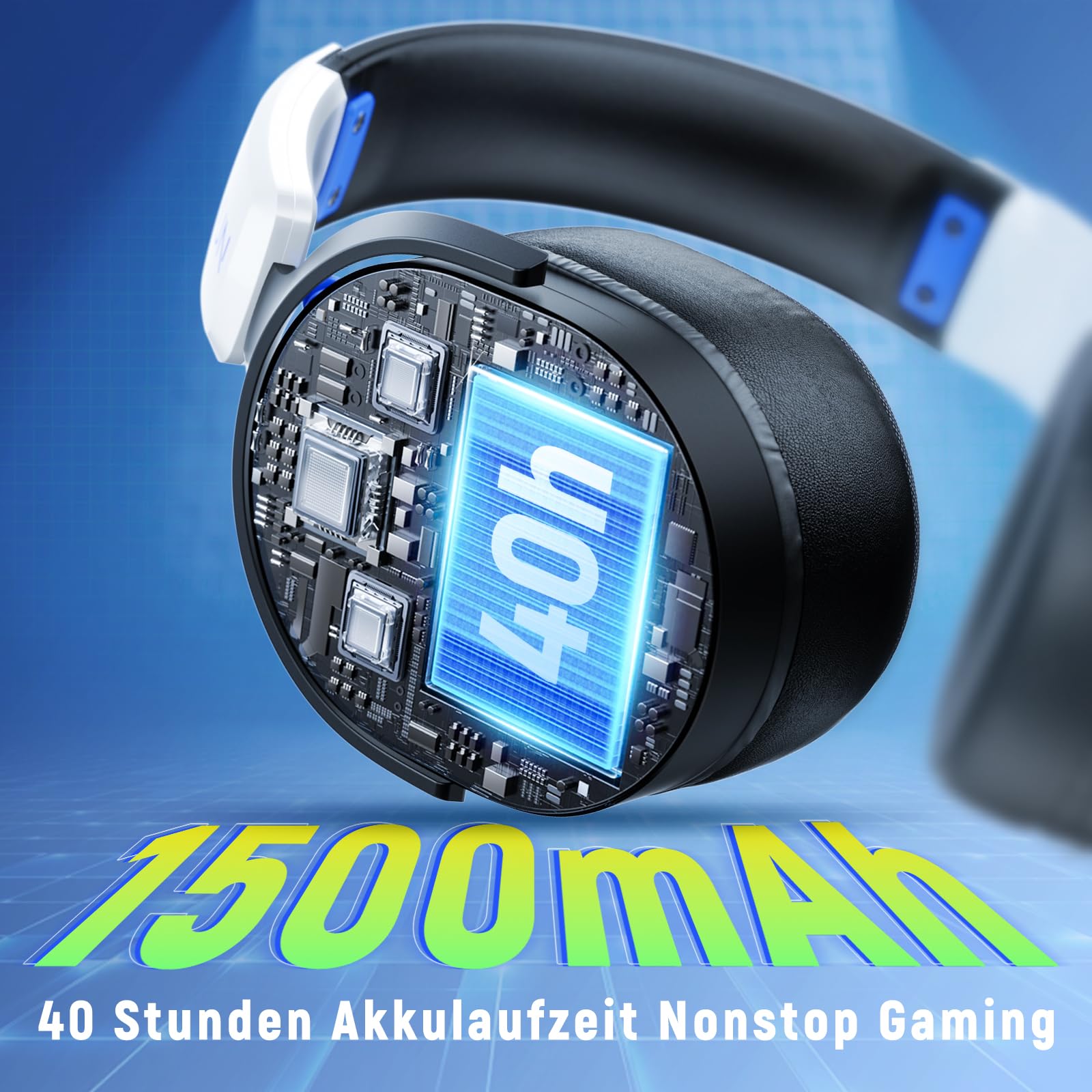 Gaming Headset Wireless, Headset mit Mikrofon für ps5 ps4, PC, Switch, Bluetooth 5.3, 7.1 Surround Sound, Extrem niedrige Latenz(<25ms), 40 Stunden, RGB Lichter, Weiß
